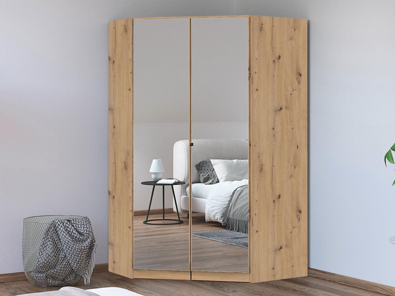 Armoire d'angle CONSTANTINOS 2 portes chêne artisan avec miroirs