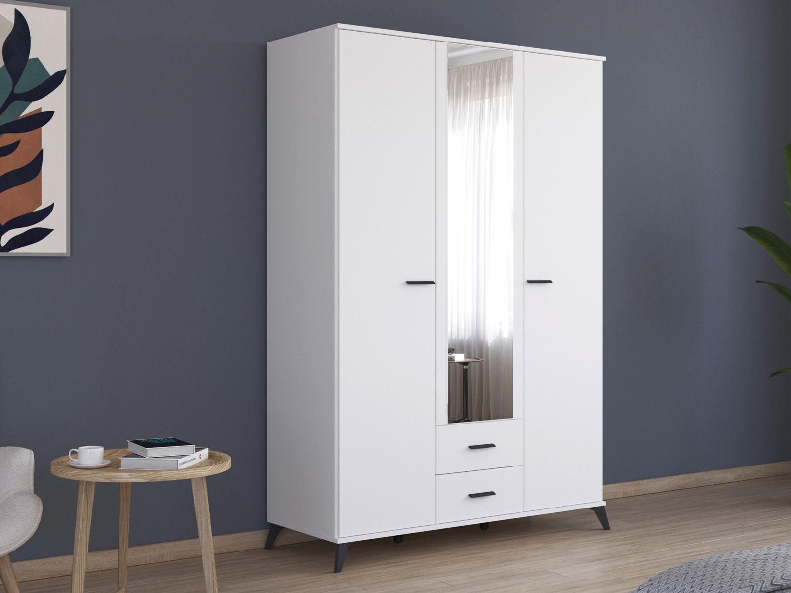 Armoire LUCIANI 3 portes 2 tiroirs blanc avec miroir