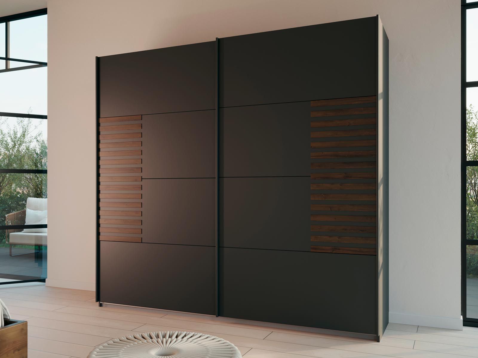 Armoire BALOTI 2 portes coulissantes 226 cm gris métal/chêne atlantique