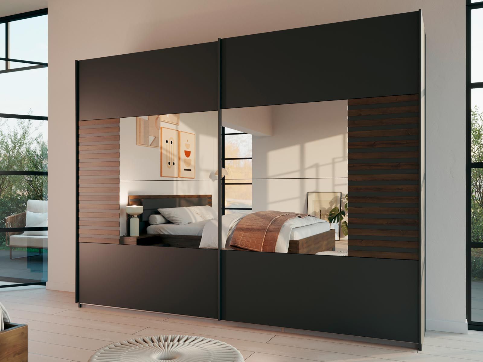 Armoire BALOTI 2 portes coulissantes 271 cm gris métal/chêne atlantique avec miroir