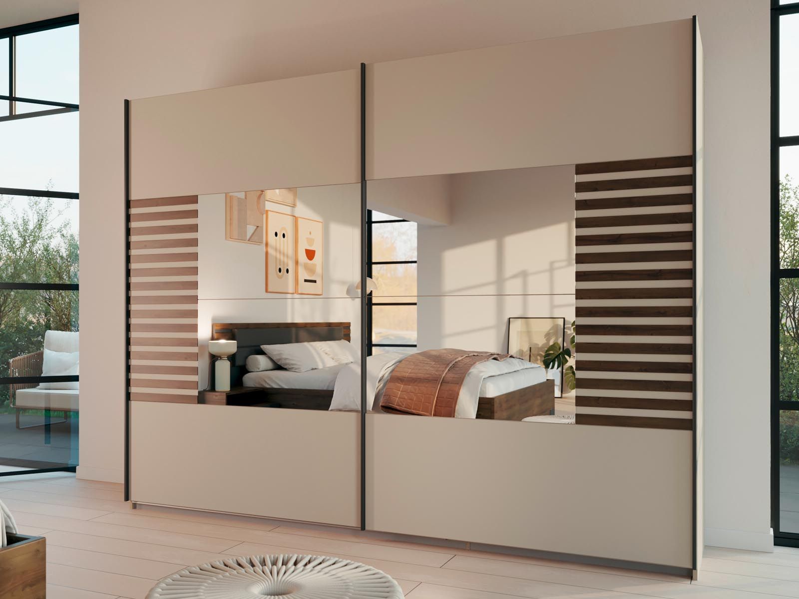 Armoire BALOTI 2 portes coulissantes 271 cm beige/chêne atlantique avec miroir