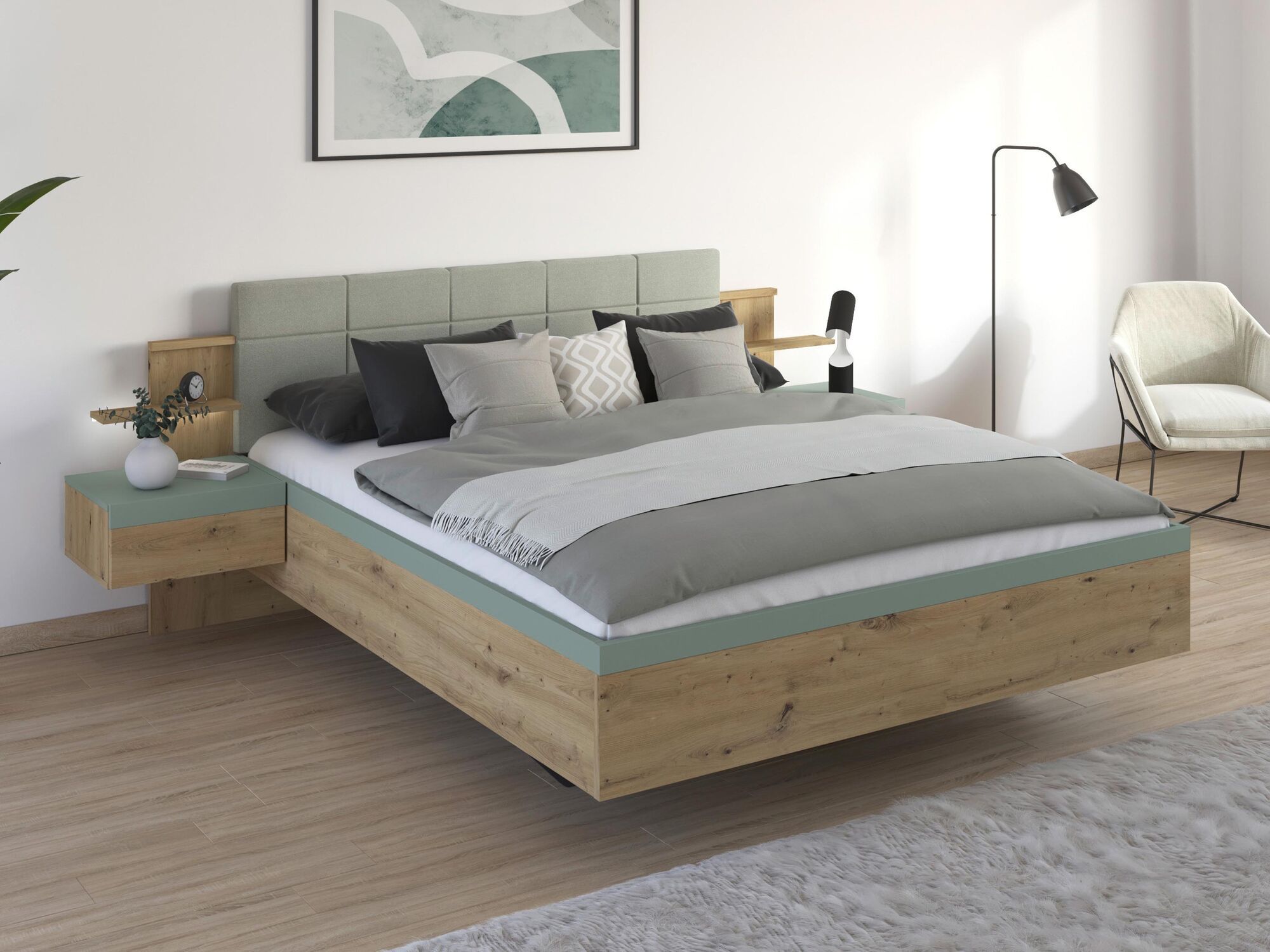 Ensemble lit et chevets SALDARINI 160x200 cm chêne artisan/sauge avec éclairage