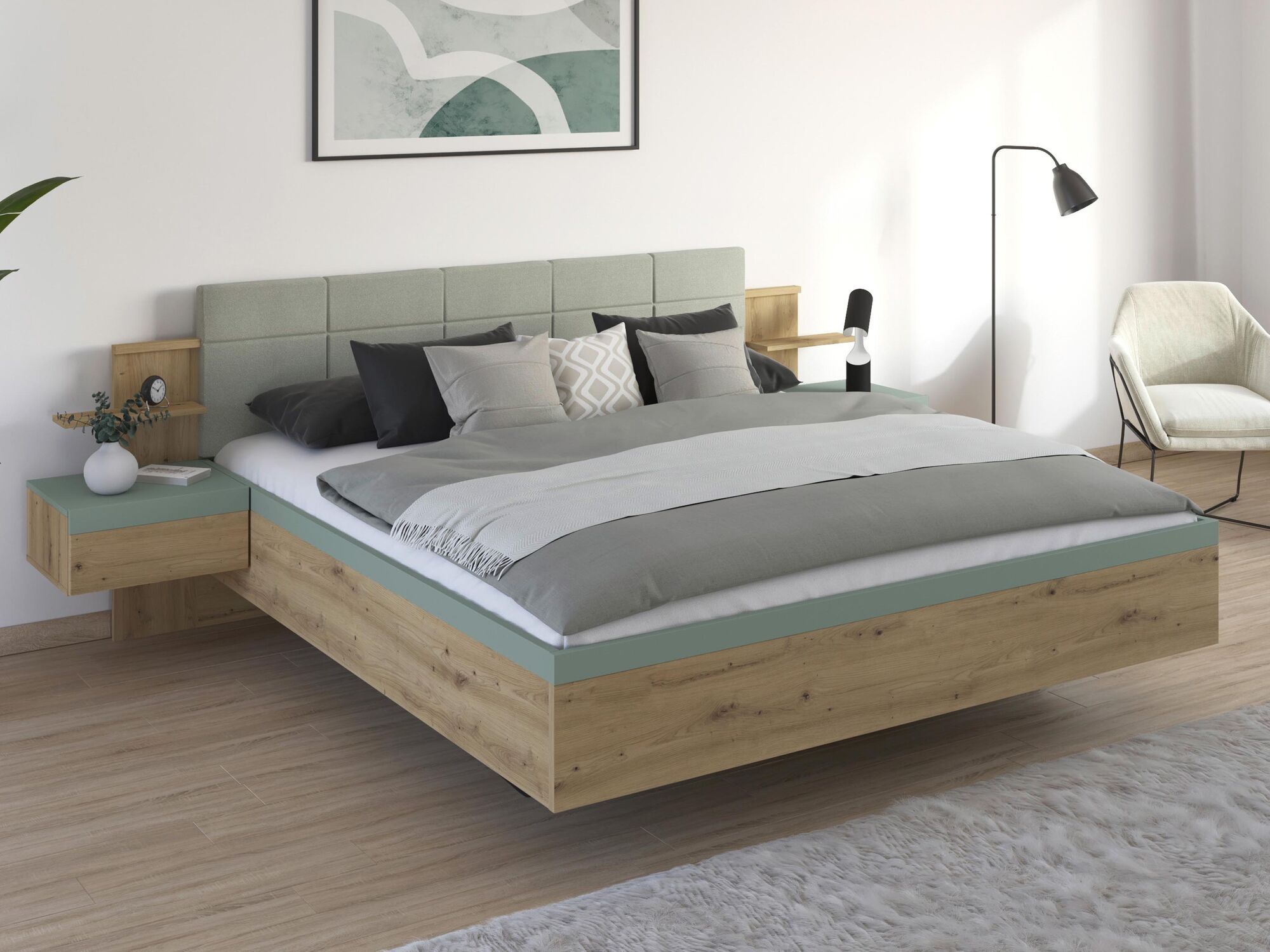 Ensemble lit et chevets SALDARINI 180x200 cm chêne artisan/sauge