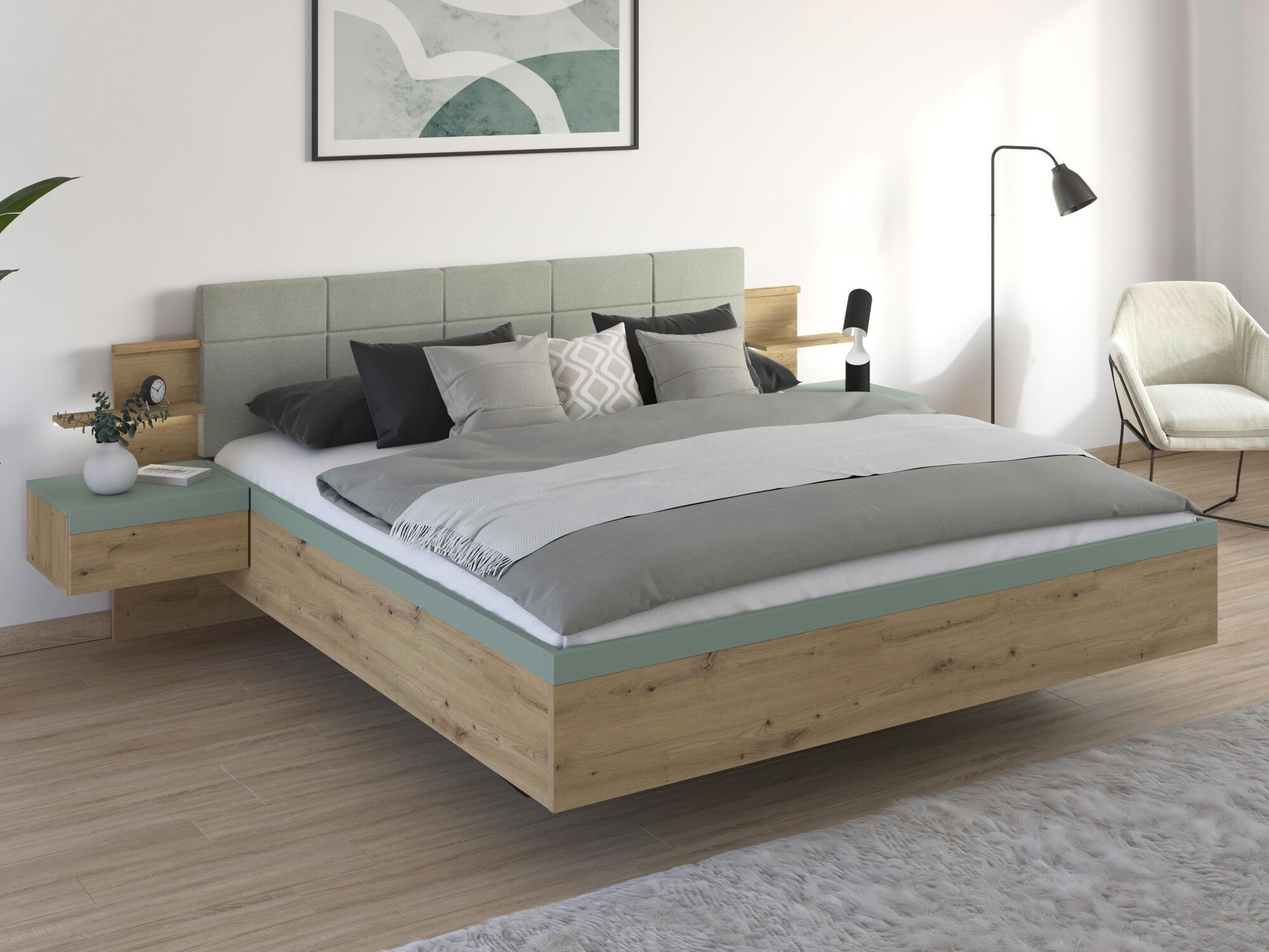 Ensemble lit et chevets SALDARINI 180x200 cm chêne artisan/sauge avec éclairage
