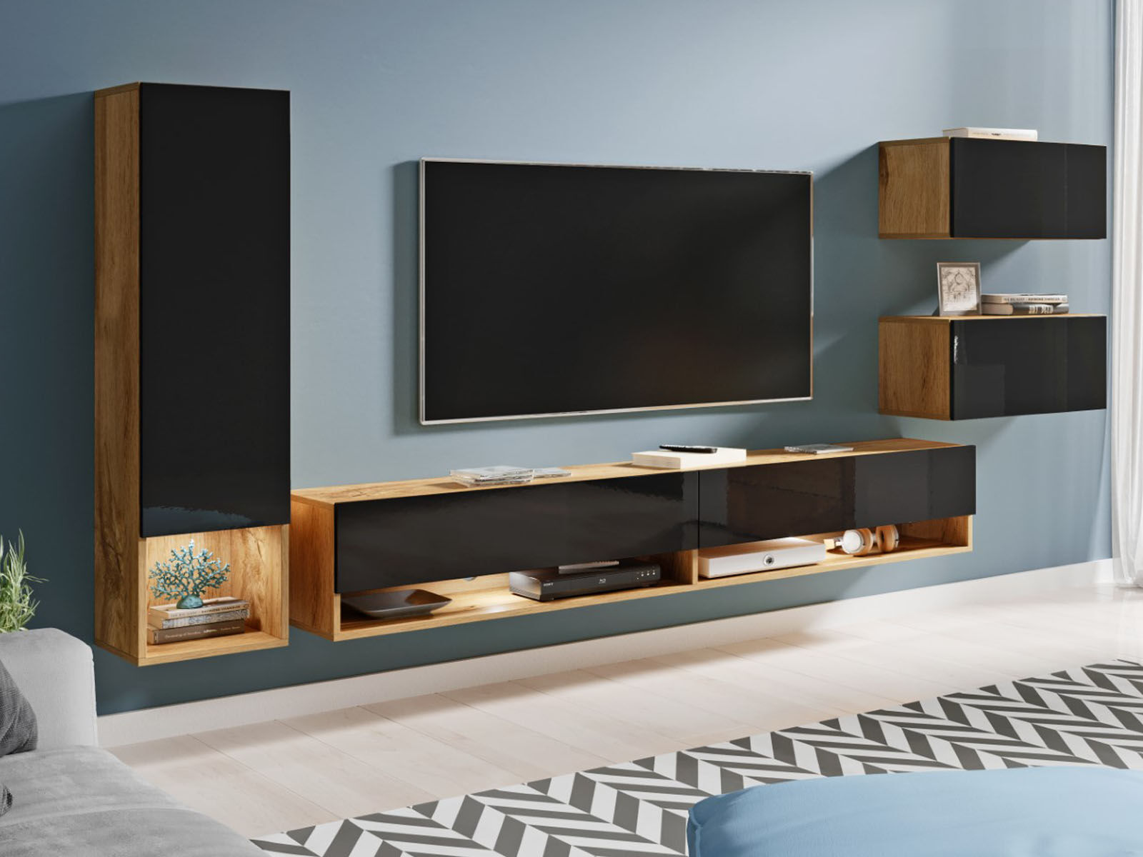 Mur TV AMOS 5 portes chêne wotan/noir brillant