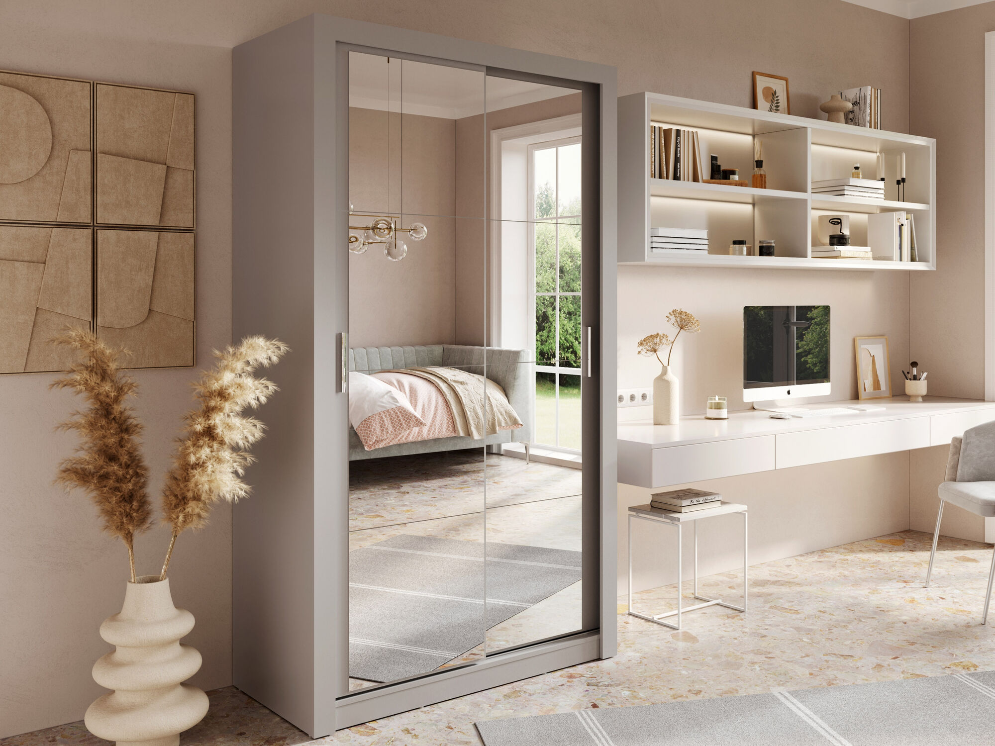 Armoire ARCANE 2 portes coulissantes gris avec miroir