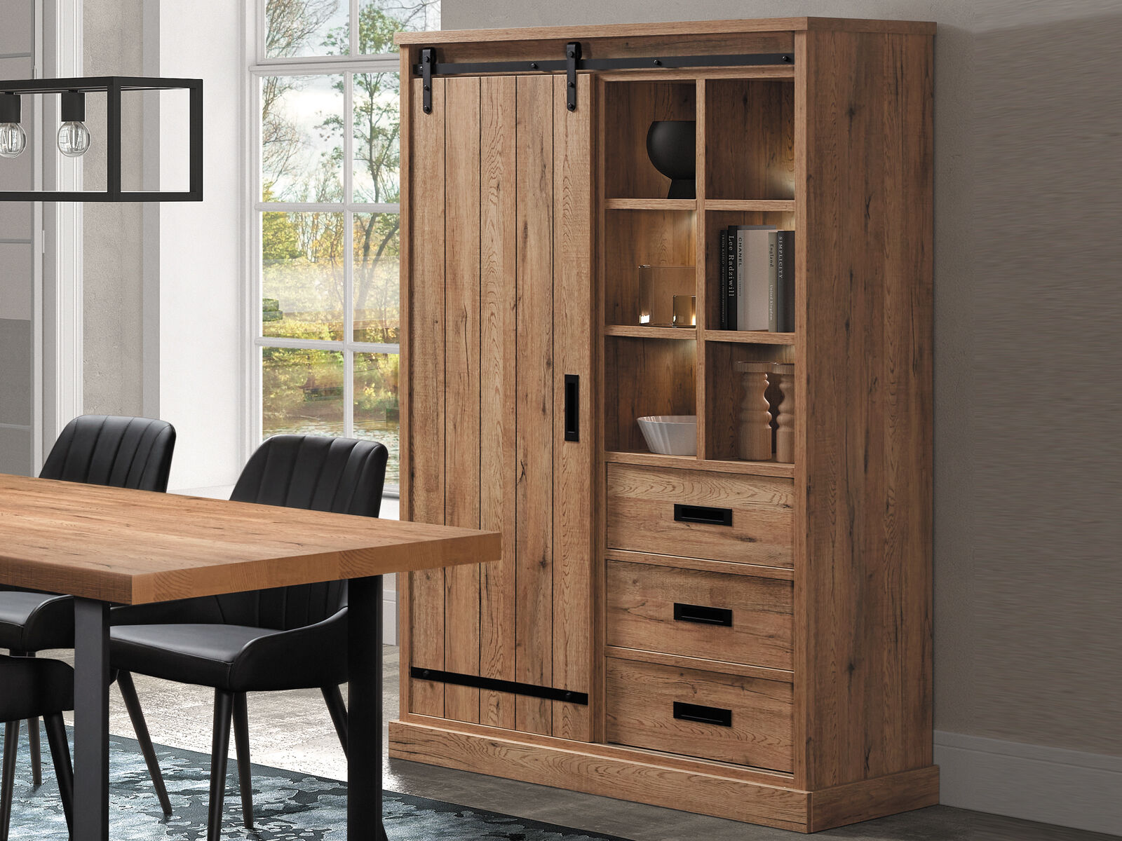 Vitrine PIRELI 1 porte 3 tiroirs chêne scarlet avec led