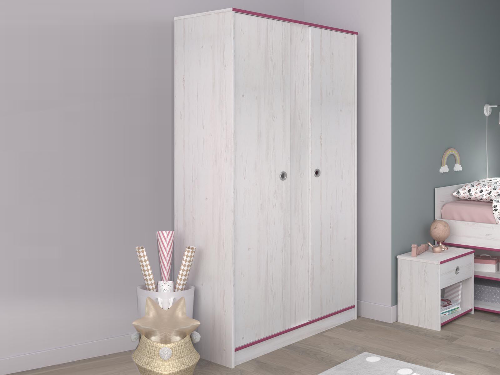 Armoire SMOOKIE 2 portes pin blanc/rose