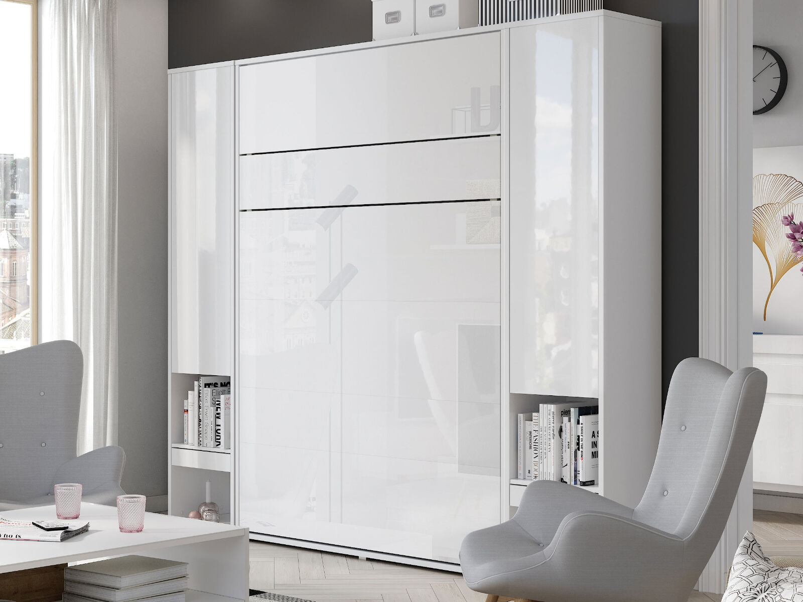 Lit mural escamotable CONCEPTION PRO 120x200 cm blanc mat (vertical) avec armoires et matelas