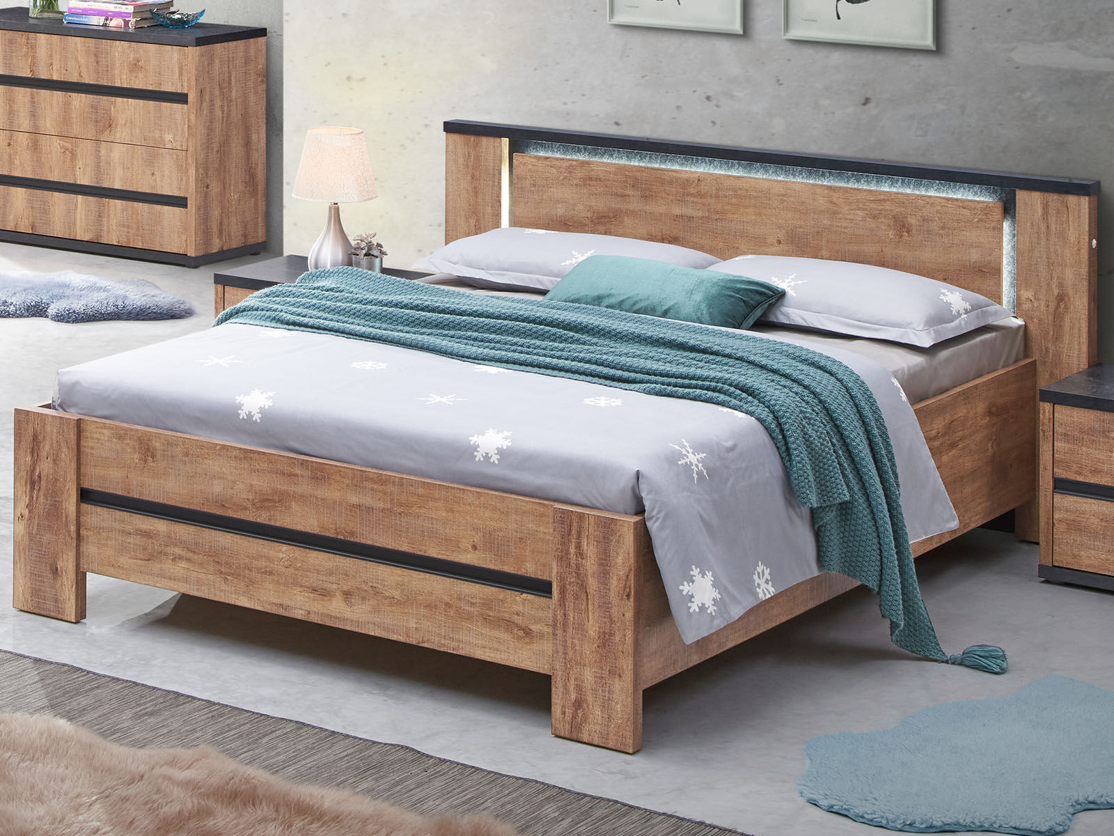 Lit ELMA 160x200 cm chêne industriel avec led