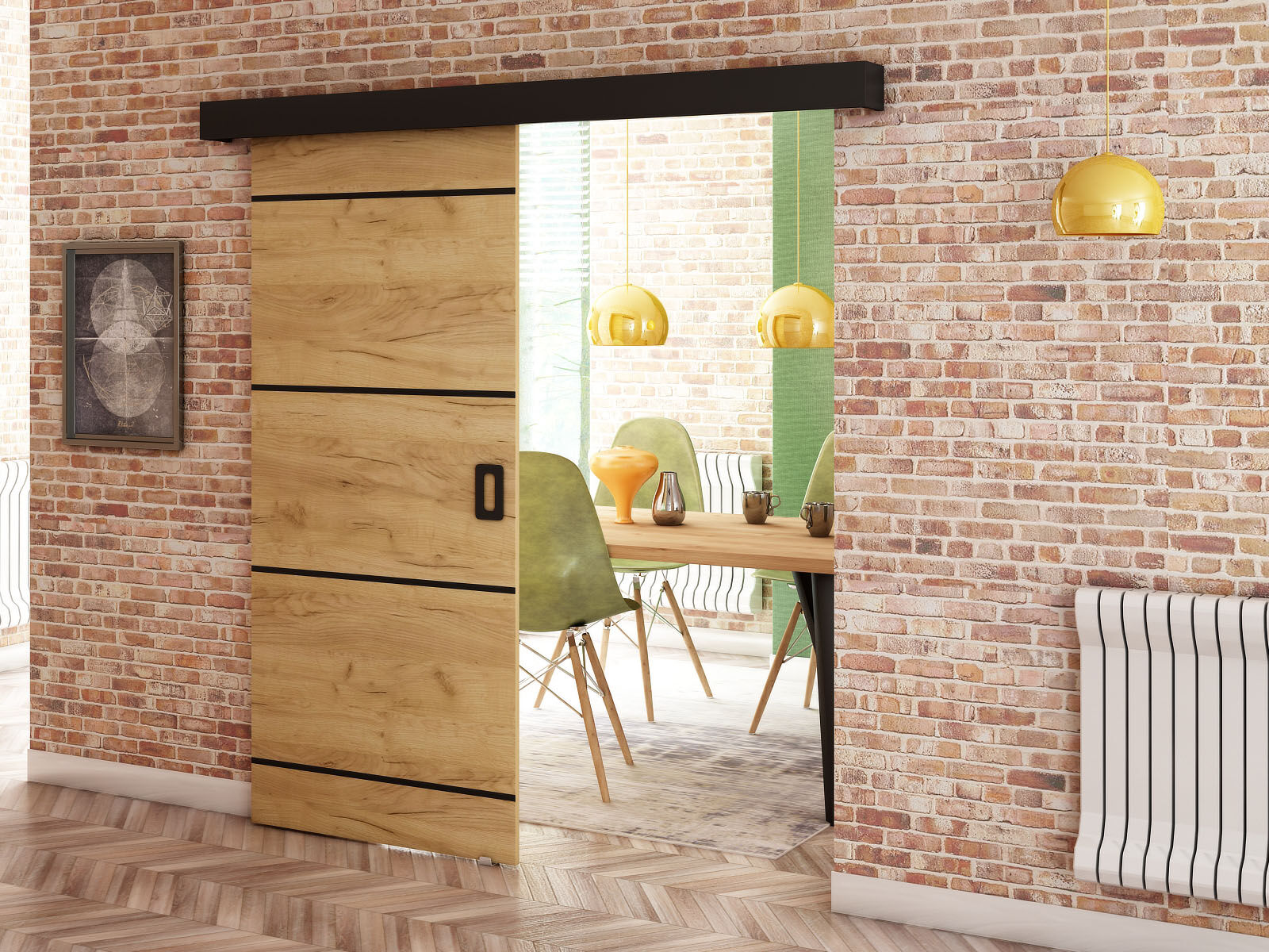 Porte coulissante BENITEZ chêne artisan doré