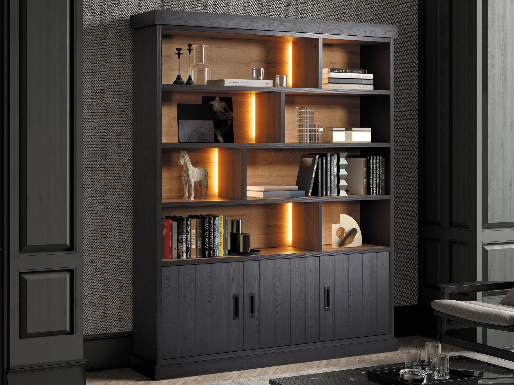 Bibliothèque RAPHEO 3 portes noir nox avec led