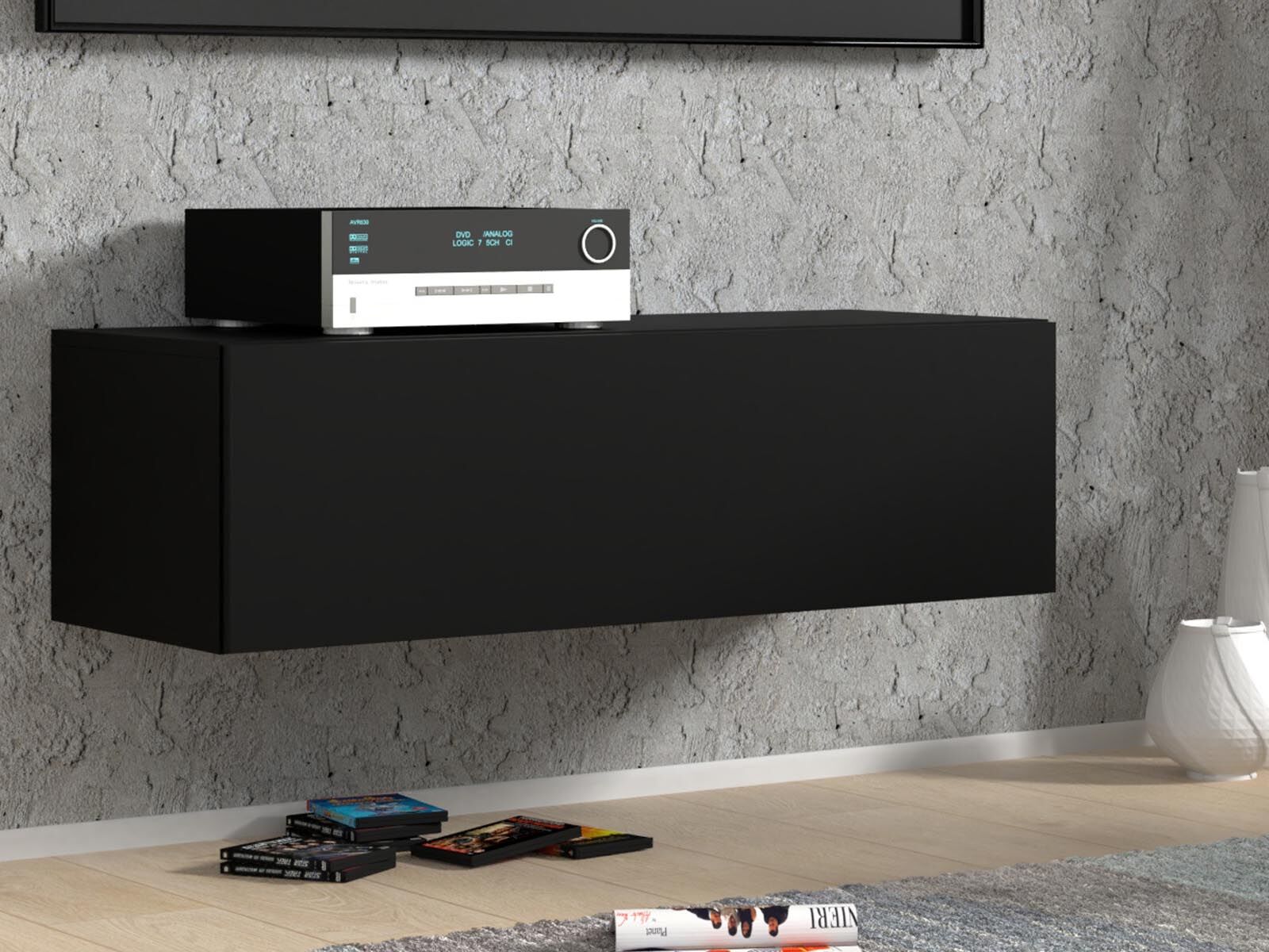 Meuble tv-hifi BINTO 1 porte 100 cm noir/noir phanton