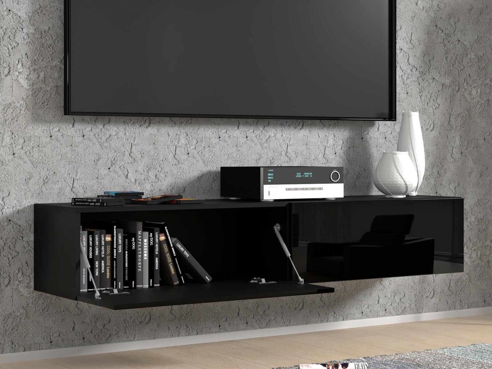 Meuble tv-hifi BINTO 2 portes 160 cm noir laqué/noir phanton