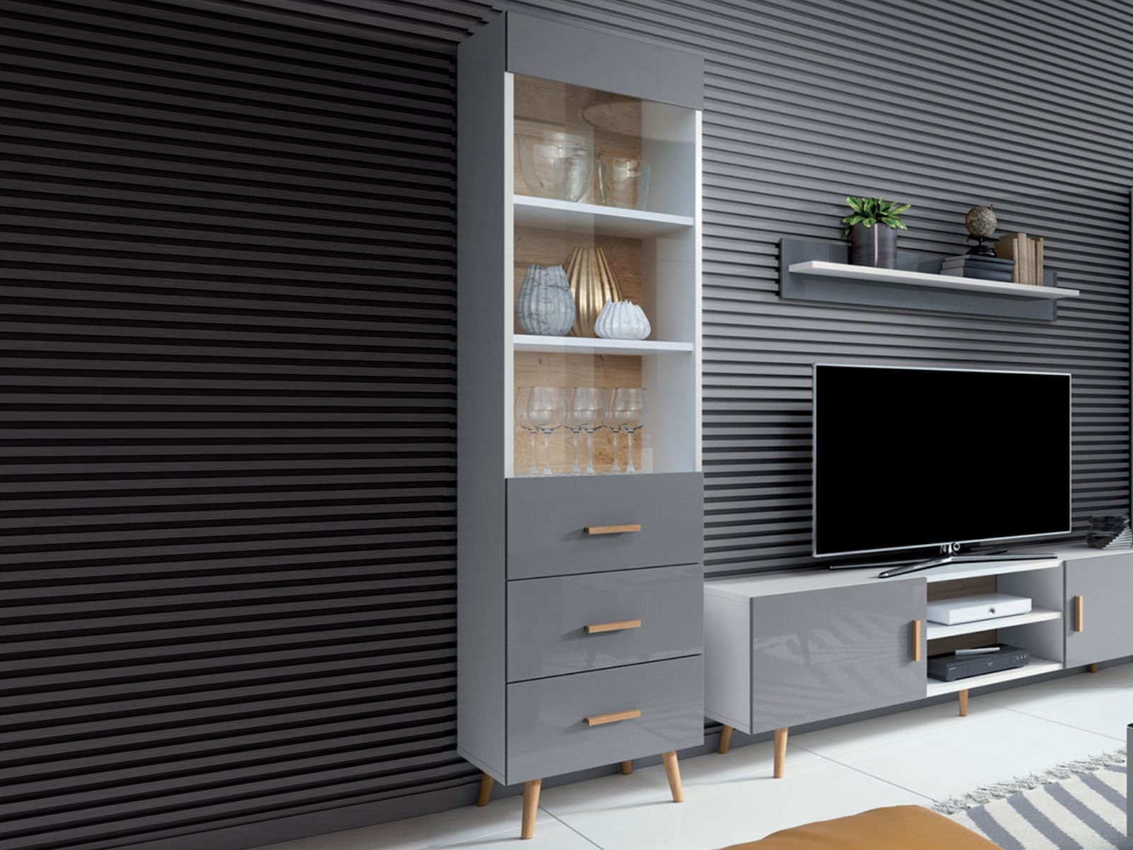 Vitrine BRILLAT 1 porte 3 tiroirs blanc/gris laqué