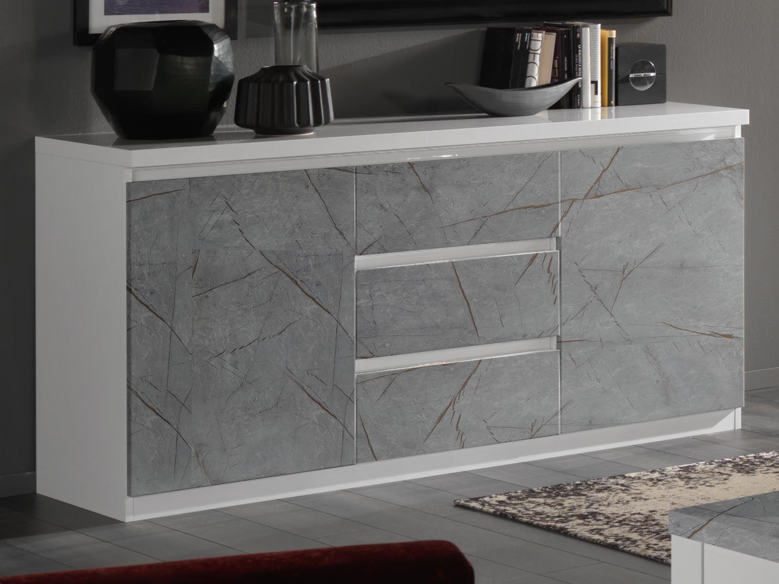 Buffet/bahut ROMEO 2 portes et 3 tiroirs marbre/blanc