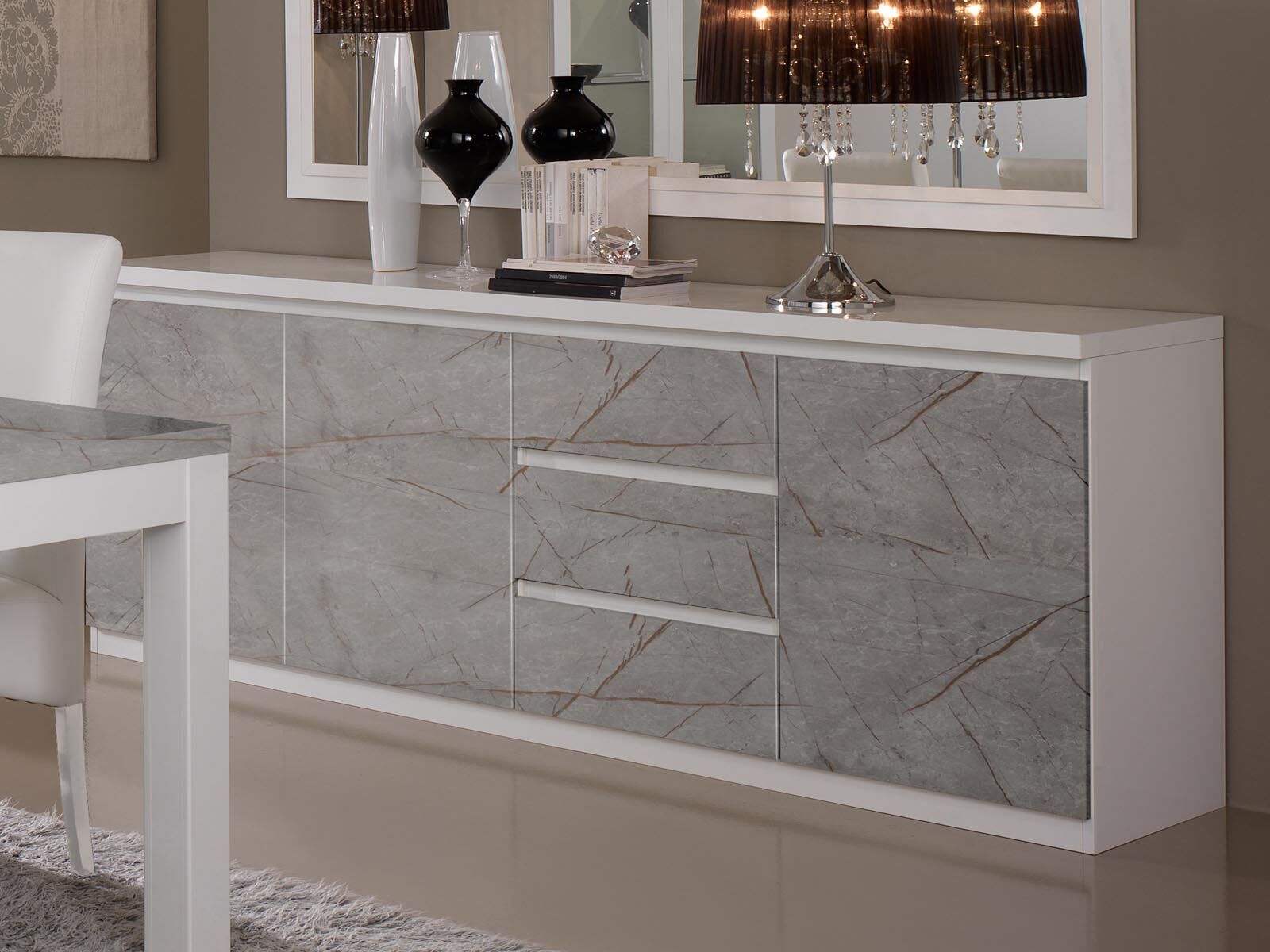 Buffet/bahut ROMEO 3 portes et 3 tiroirs marbre/blanc