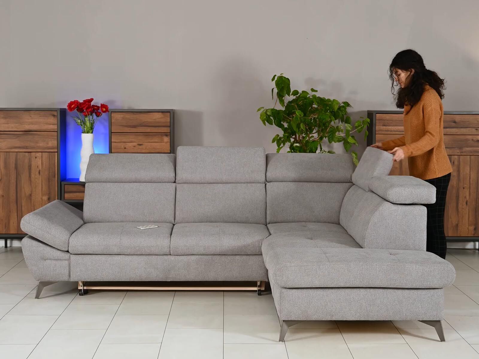 Canapé d'angle convertible ARCHOR avec méridienne droite tissu argent