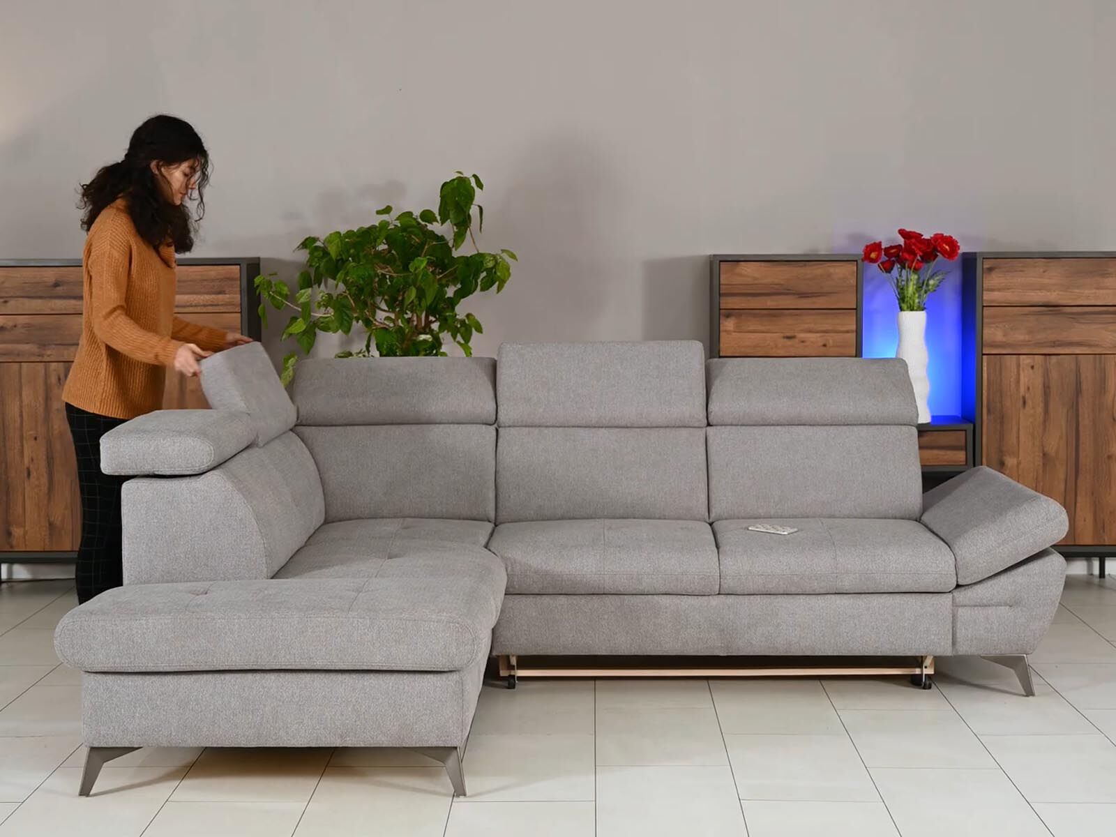 Canapé d'angle convertible ARCHOR avec méridienne gauche tissu argent