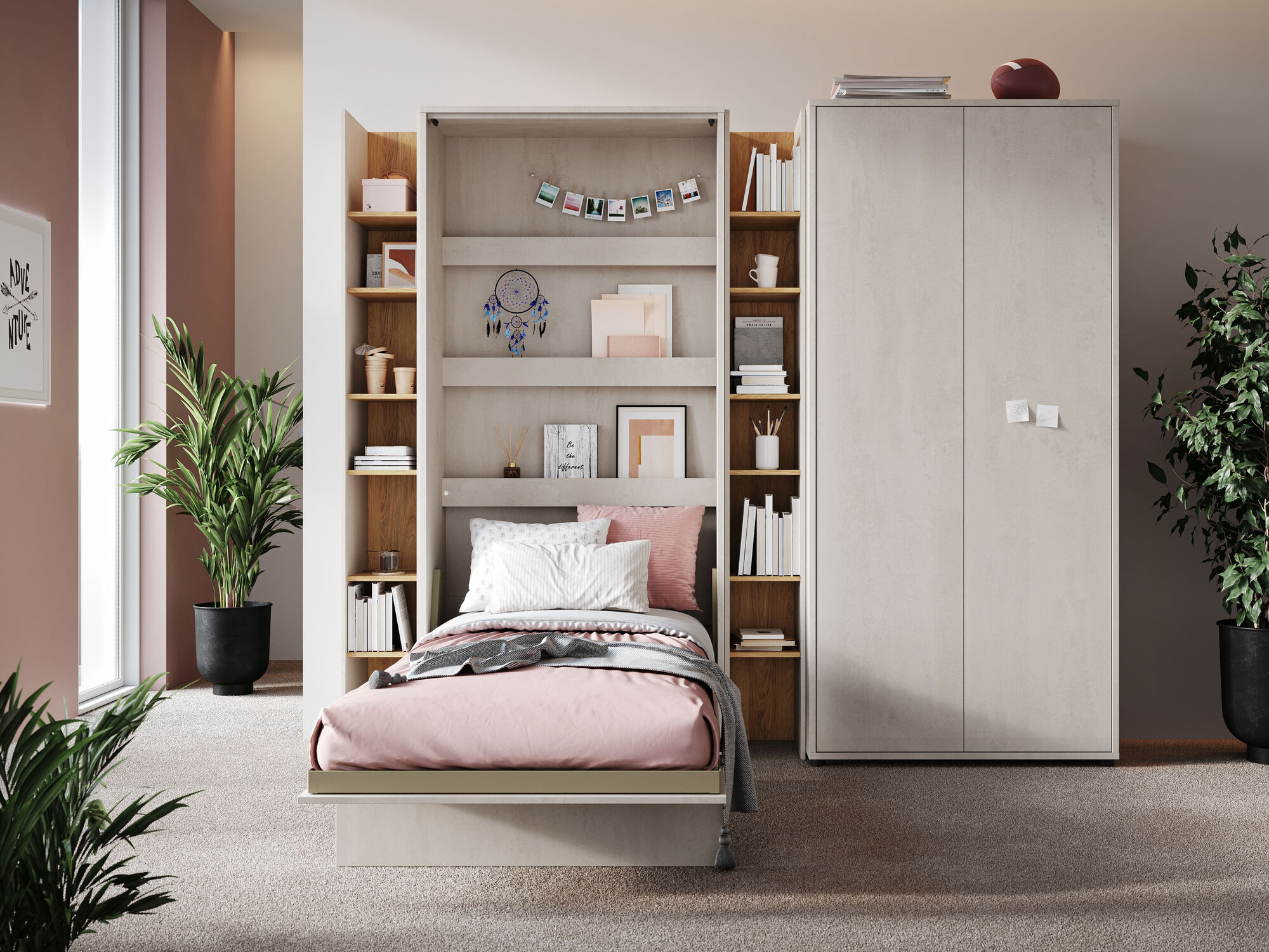 Lit mural escamotable CONCEPTION JUNIOR 90x200 cm gris soie (vertical) avec matelas