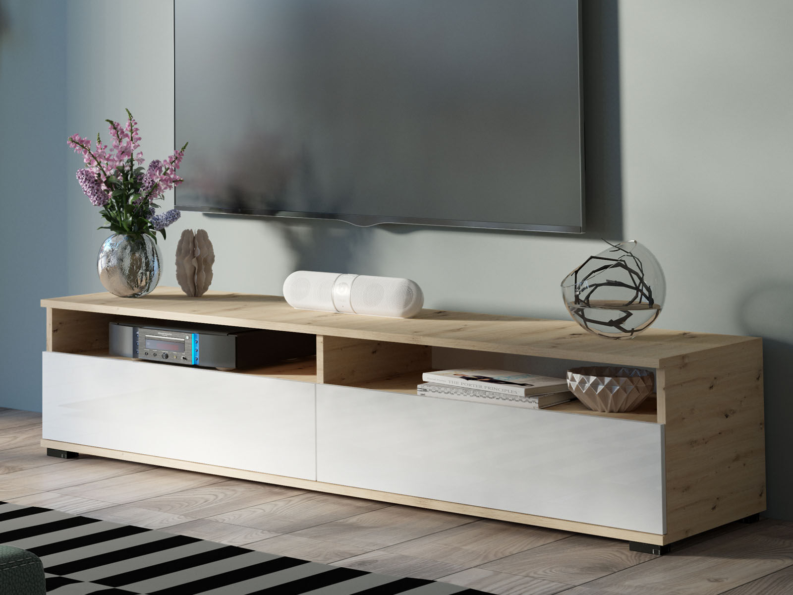 Meuble tv-hifi CLIFFA 2 portes abattantes blanc brillant/chêne artisan