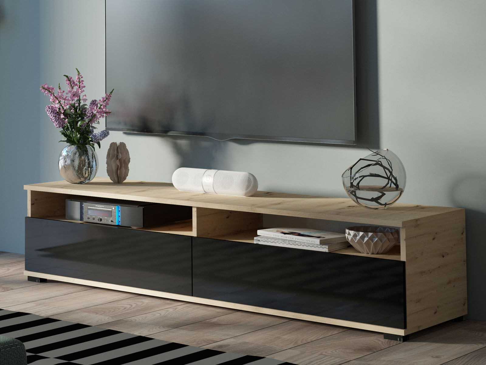 Meuble tv-hifi CLIFFA 2 portes abattantes noir brillant/chêne artisan