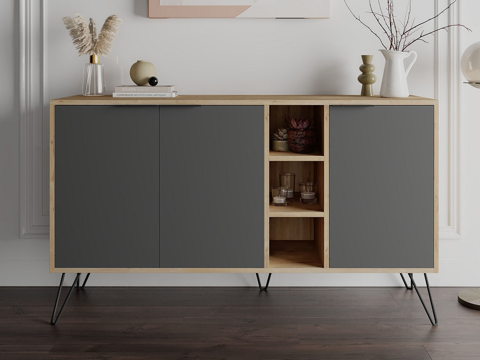 Buffet/bahut CLARO 3 portes chêne/anthracite