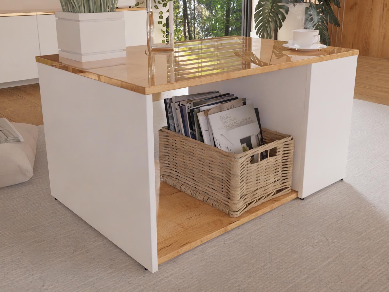 Table basse LUCO 90 cm chêne brillant/blanc mat