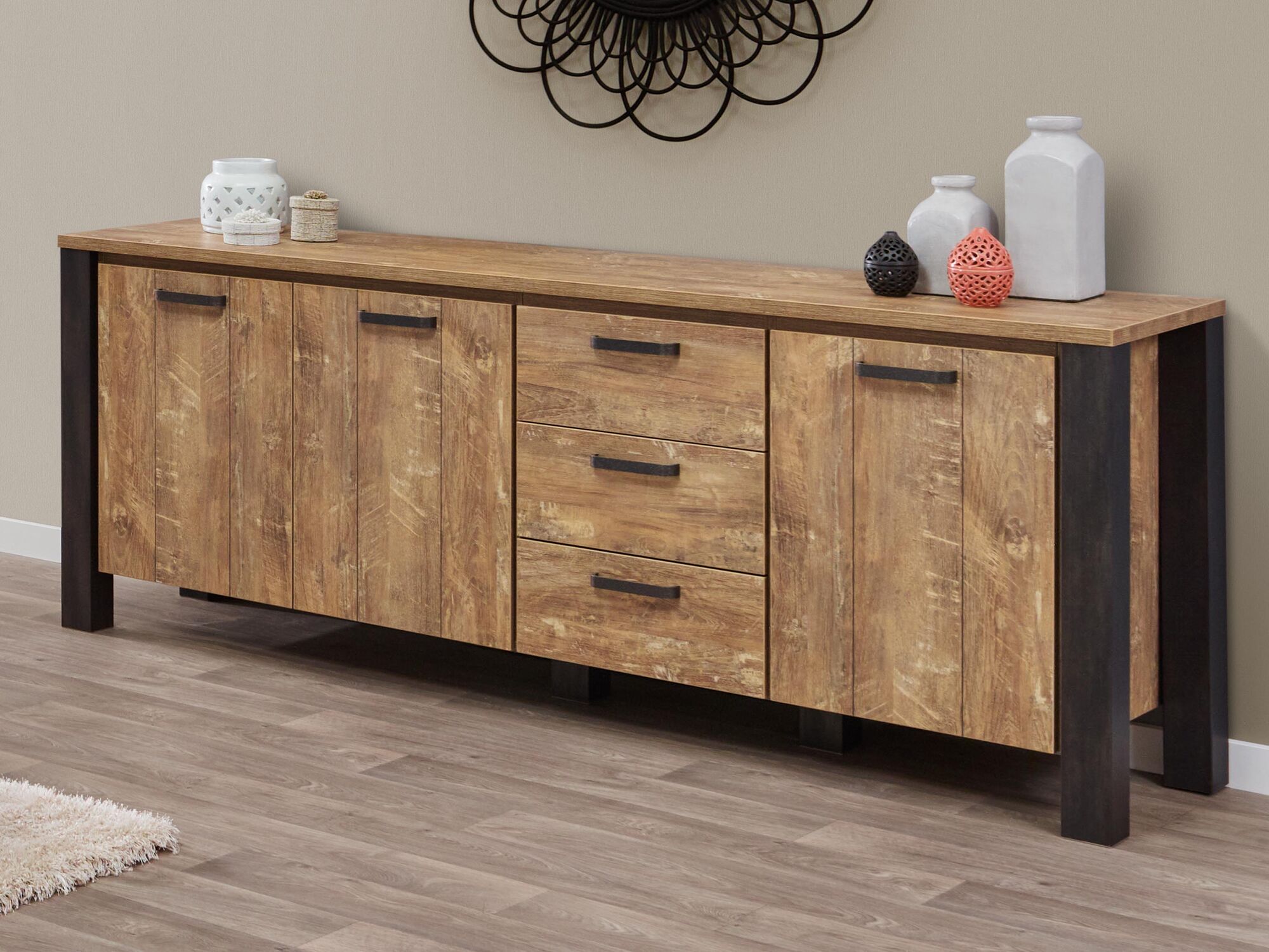 Buffet/bahut RUIZ 3 portes 3 tiroirs 216 cm teck orangé