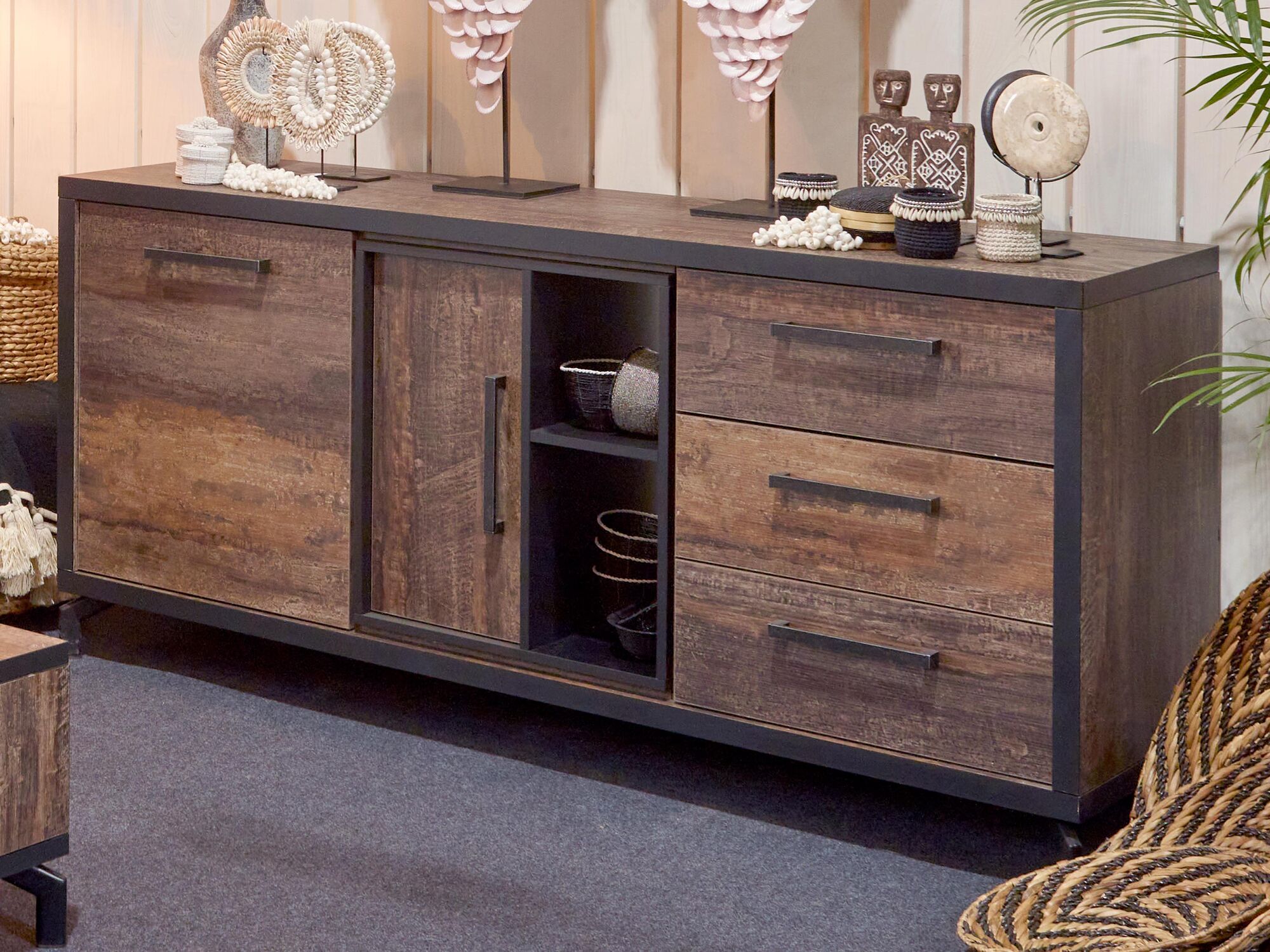 Buffet/bahut KUTINA 2 portes 3 tiroirs bois navire noir