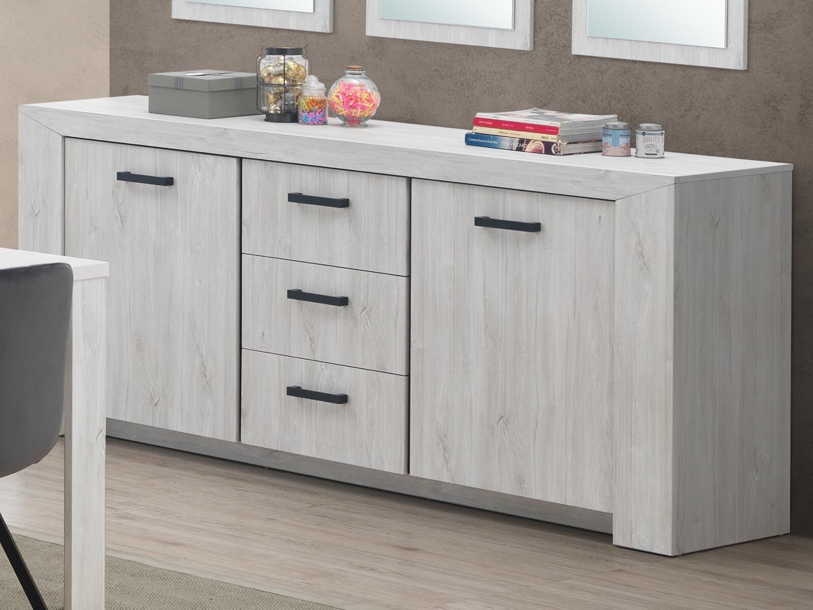 Buffet/bahut ELVITA 2 portes 3 tiroirs chêne blanchi