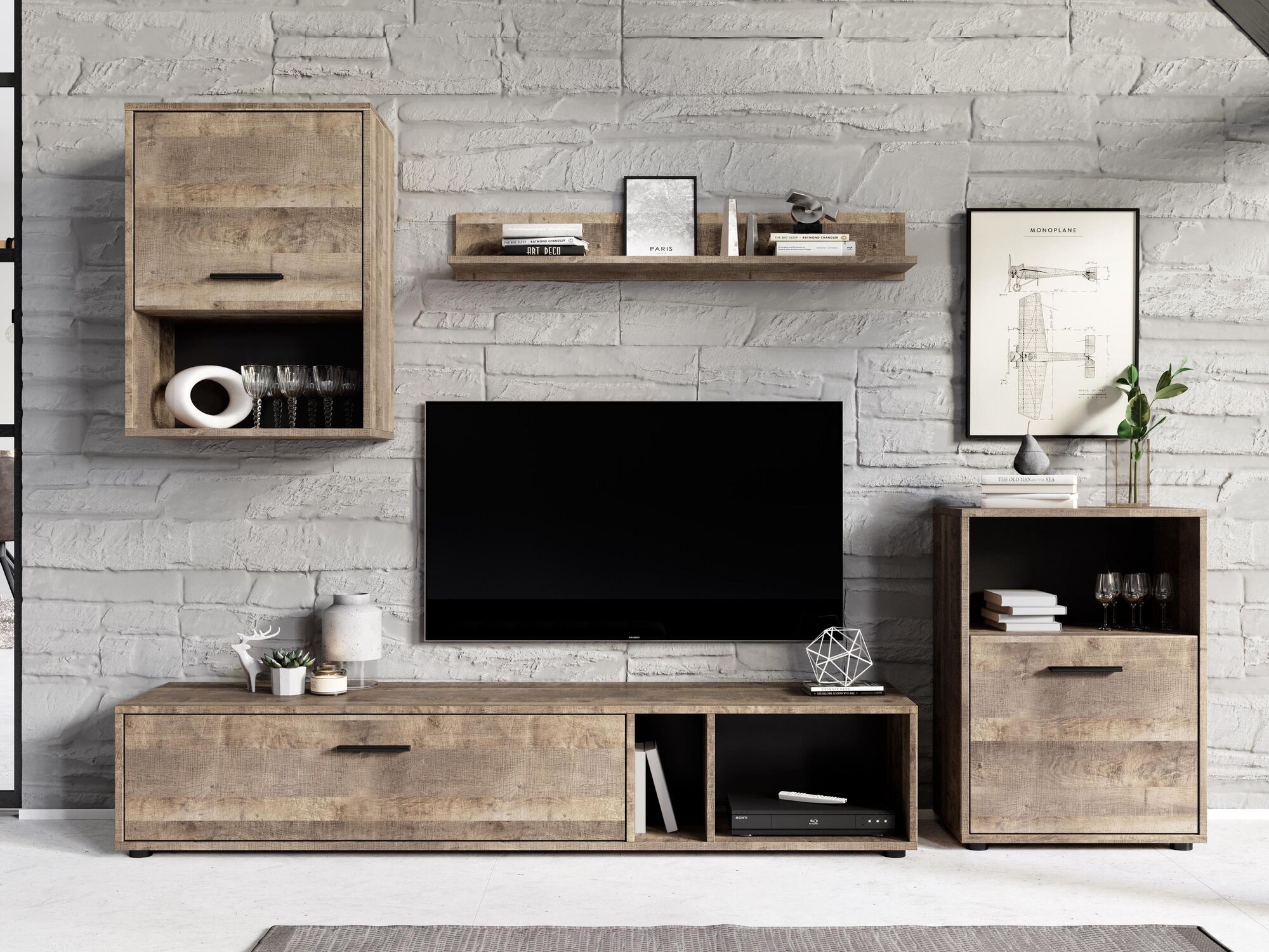 Mur tv-hifi HOLMES 3 portes chêne sable