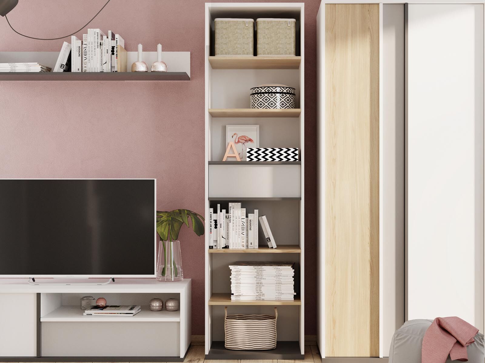 Bibliothèque ILONA 6 niches 1 tiroir blanc/chêne salisbury