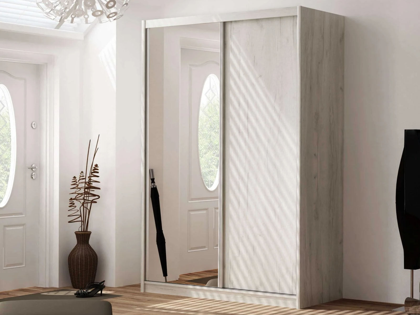 Armoire KARL 2 portes coulissantes chêne blanchi avec miroir
