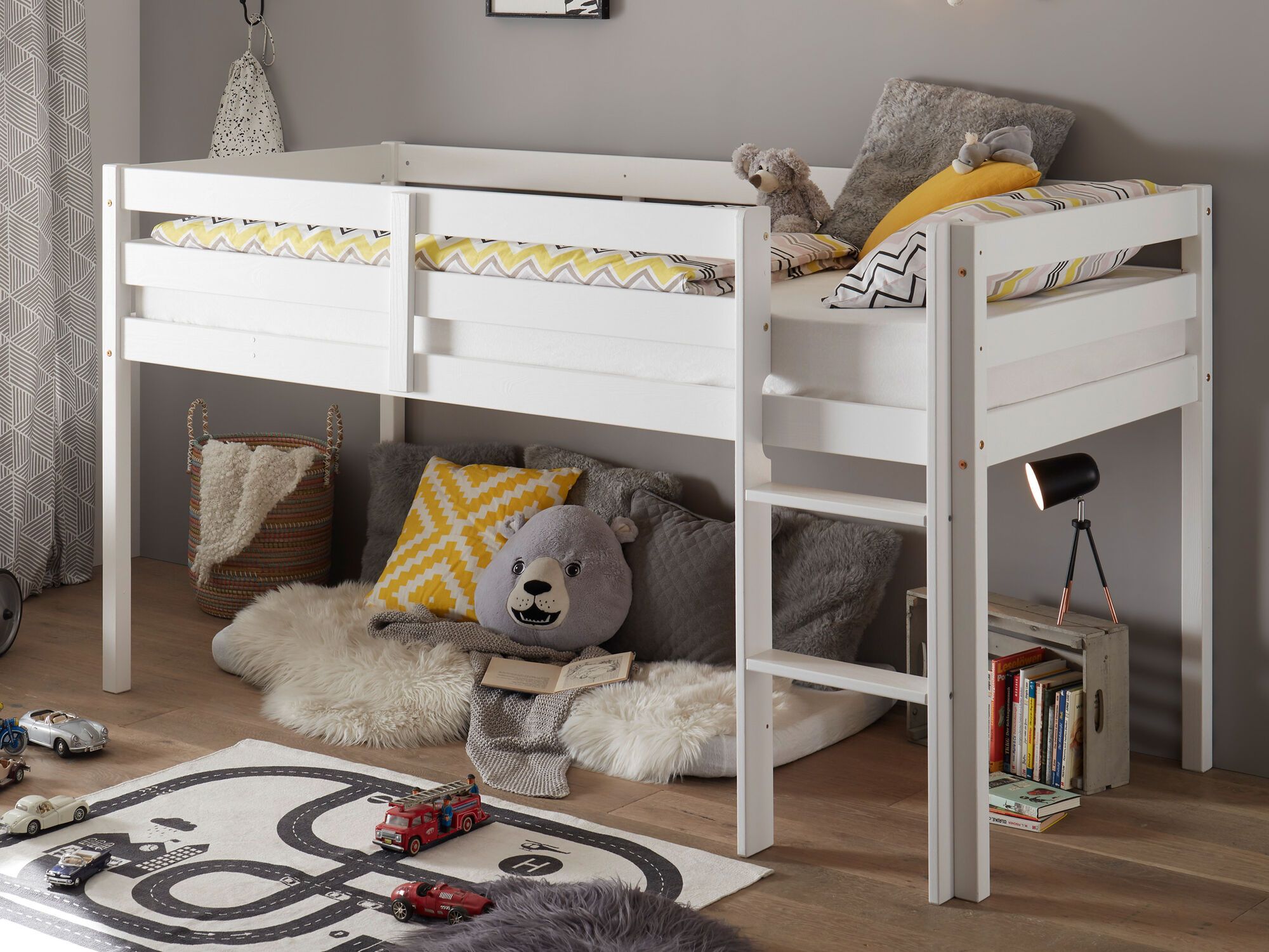 Lit surélevé KEBLINY blanc avec sommier enroulable