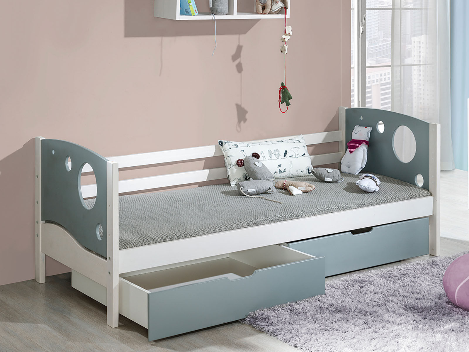 Lit enfant KIWI 80x190 cm pin blanc/gris