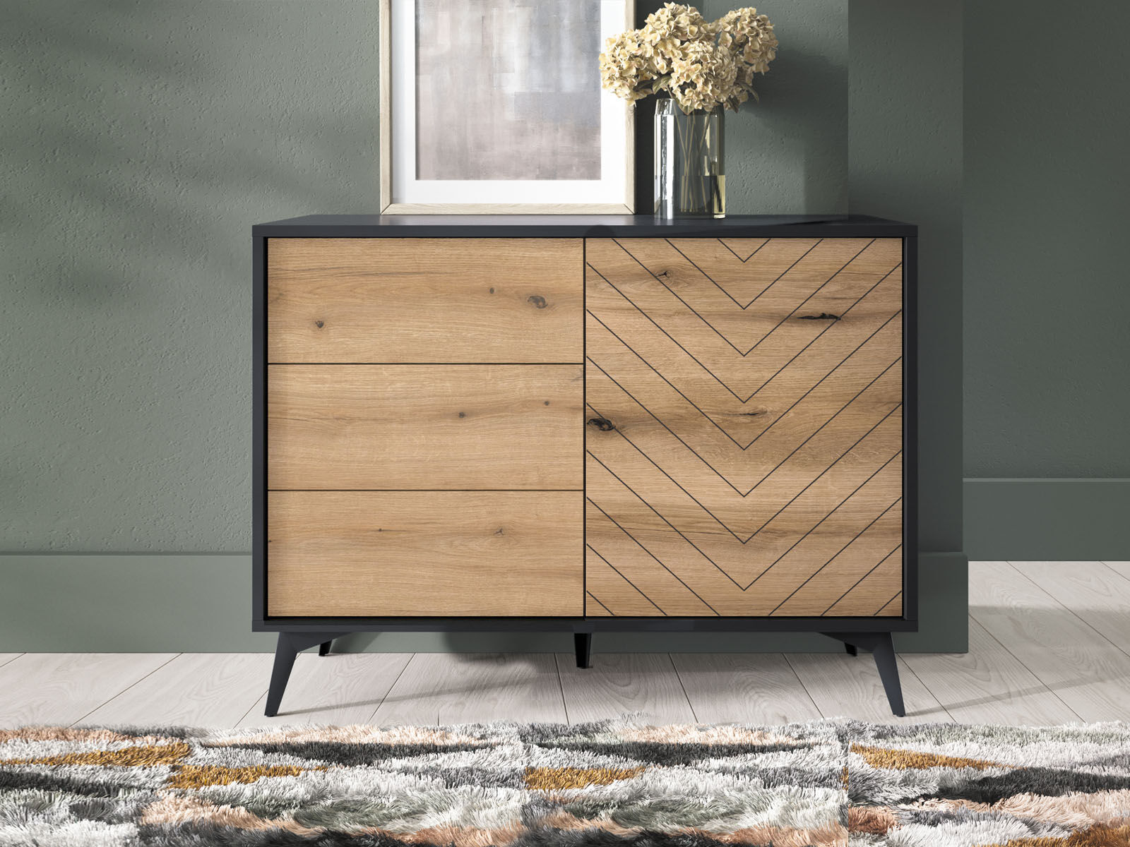 Commode ADAMAS 1 porte  tiroirs noir/chêne evoke