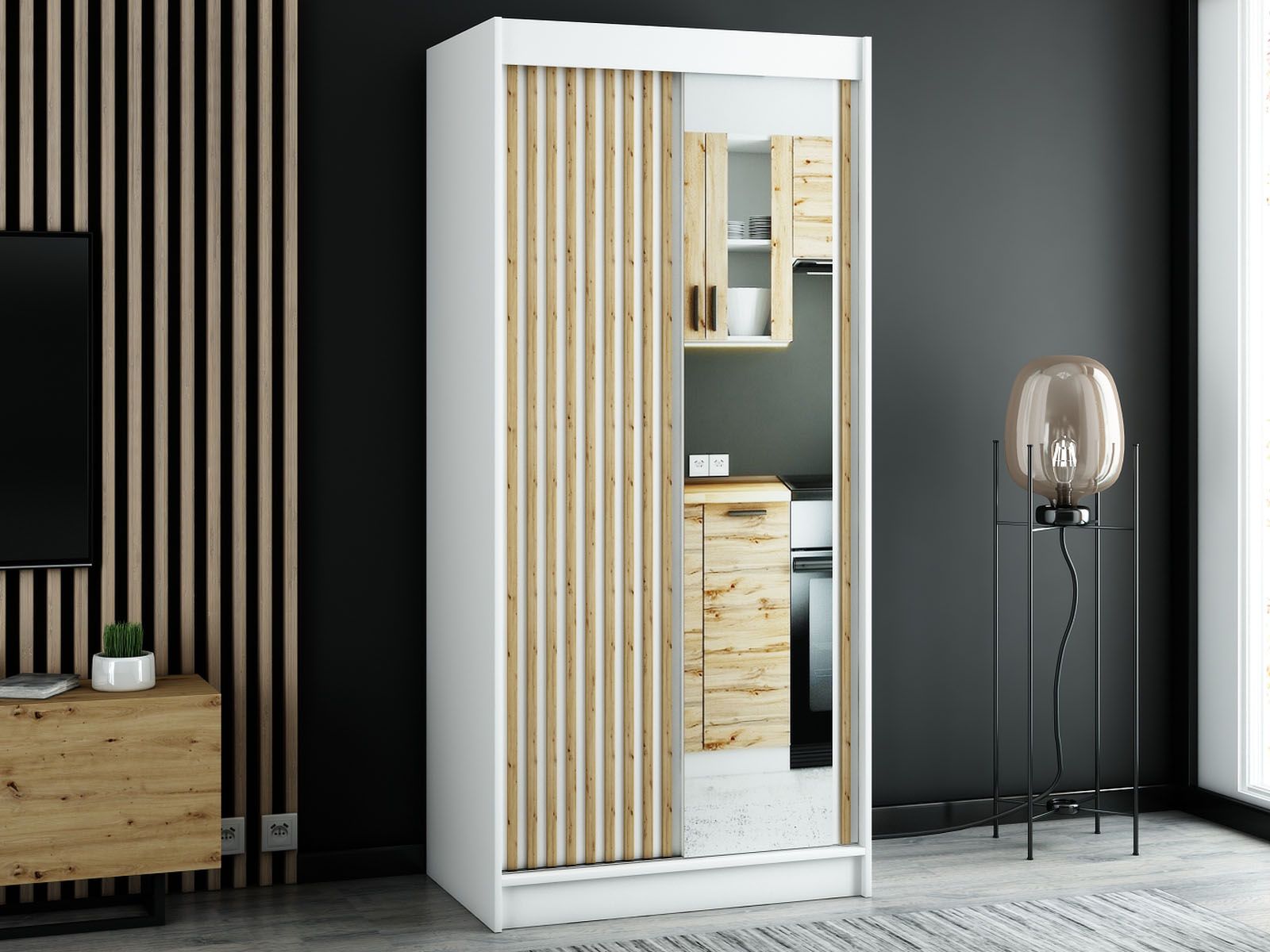 Armoire LAMORA 2 portes coulissantes 100 cm blanc avec miroir