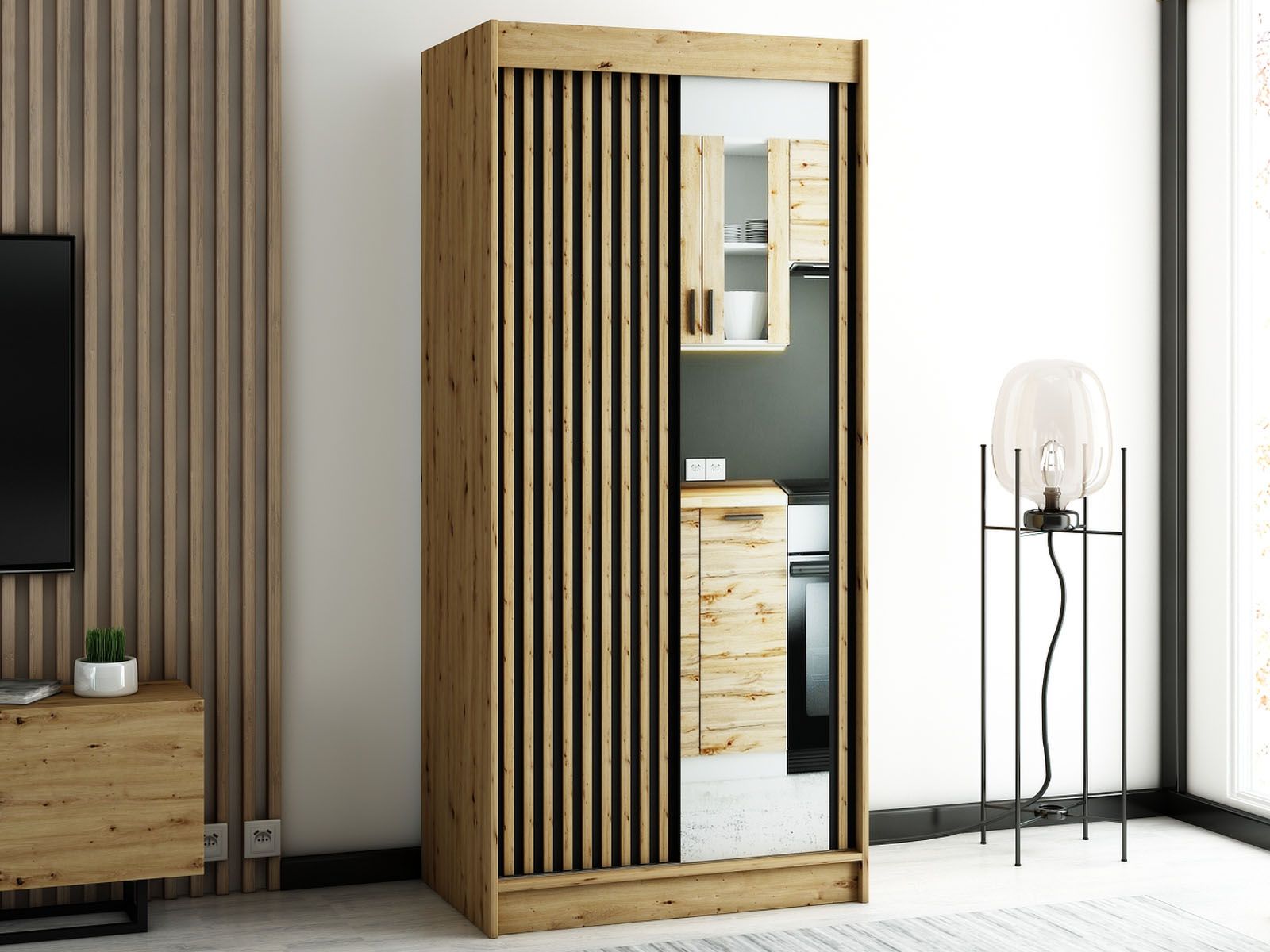 Armoire LAMORA 2 portes coulissantes 100 cm chêne artisan avec miroir