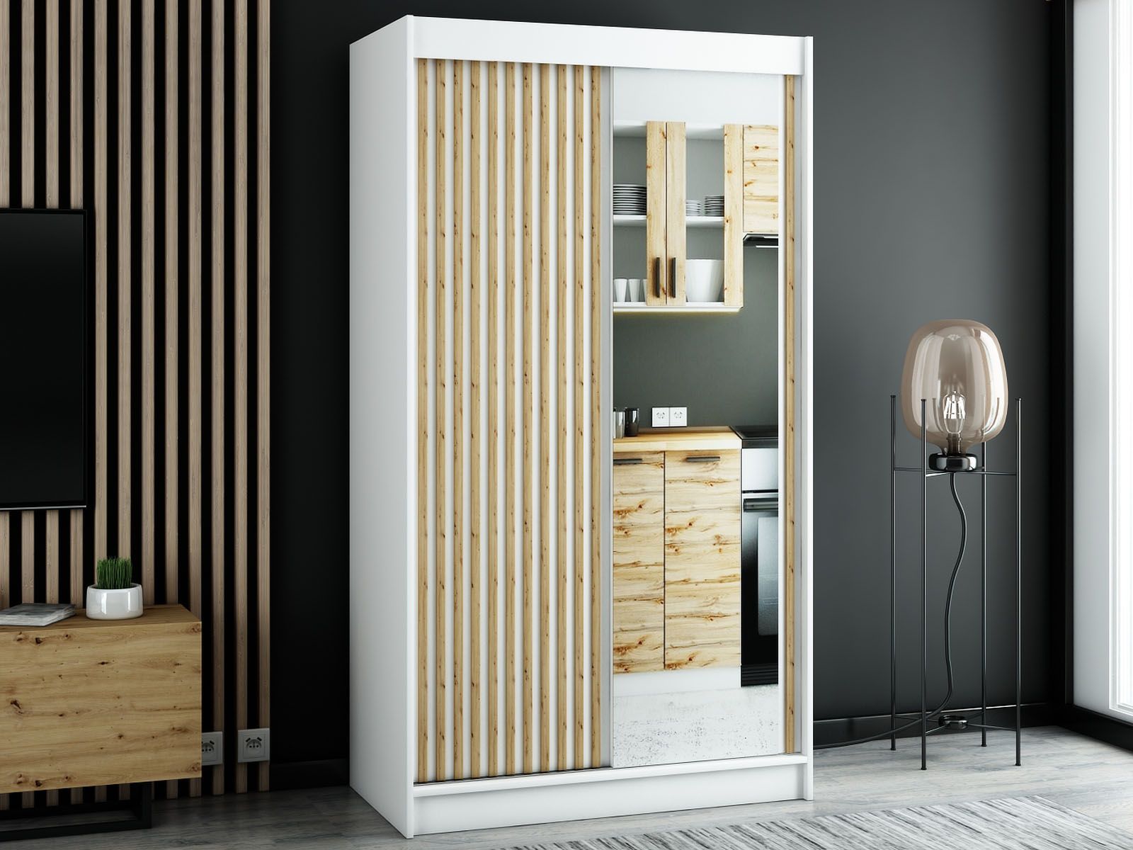 Armoire LAMORA 2 portes coulissantes 120 cm blanc avec miroir