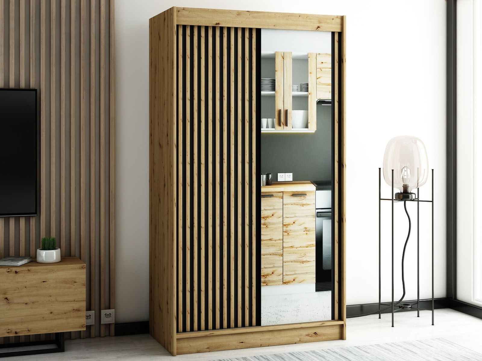 Armoire LAMORA 2 portes coulissantes 120 cm chêne artisan avec miroir