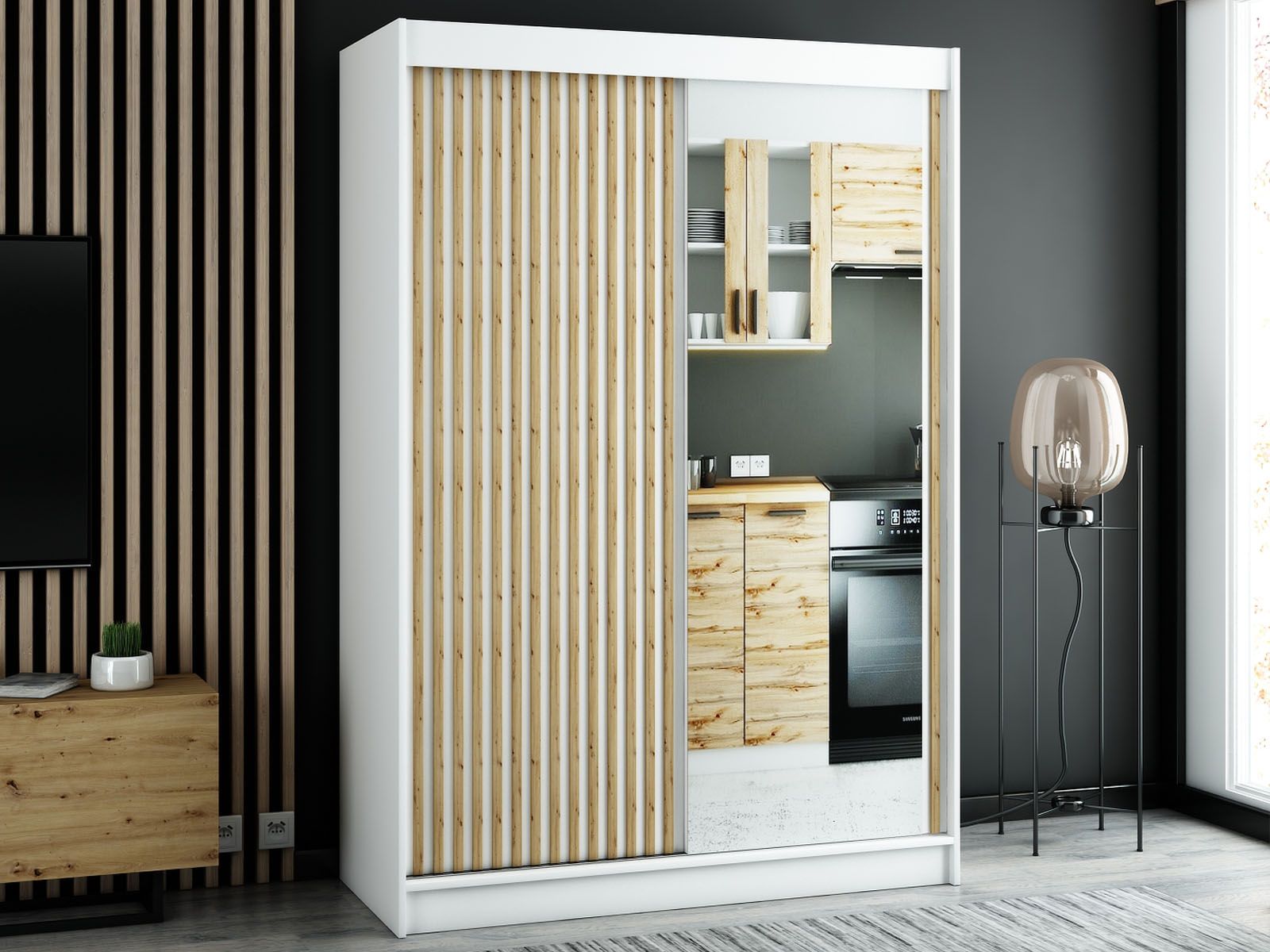 Armoire LAMORA 2 portes coulissantes 150 cm blanc avec miroir