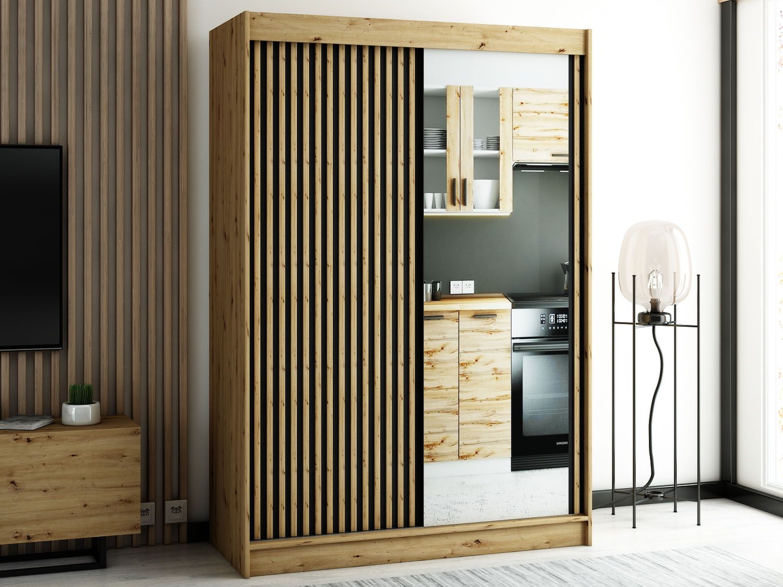 Armoire LAMORA 2 portes coulissantes 150 cm chêne artisan avec miroir