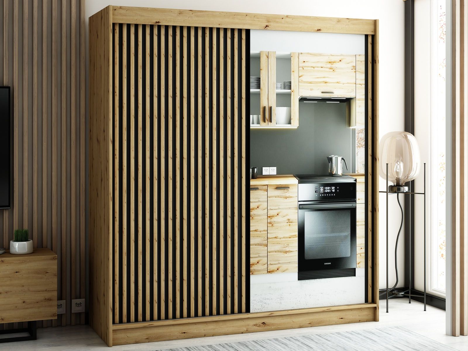 Armoire LAMORA 2 portes coulissantes 200 cm chêne artisan avec miroir