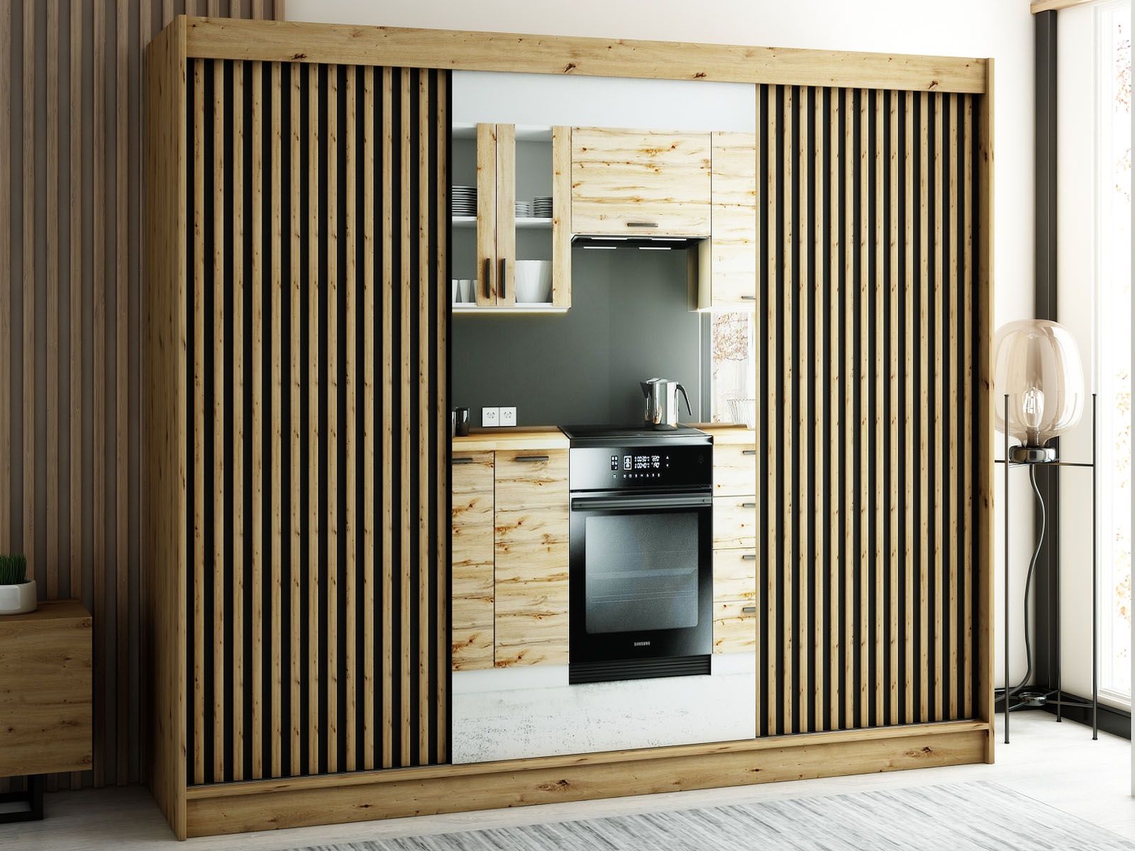 Armoire LAMORA 3 portes coulissantes 250 cm chêne artisan avec miroir
