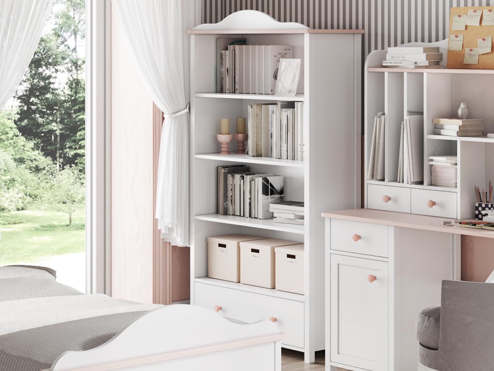 Bibliothèque LUCIA 4 niches 1 tiroir blanc/rose