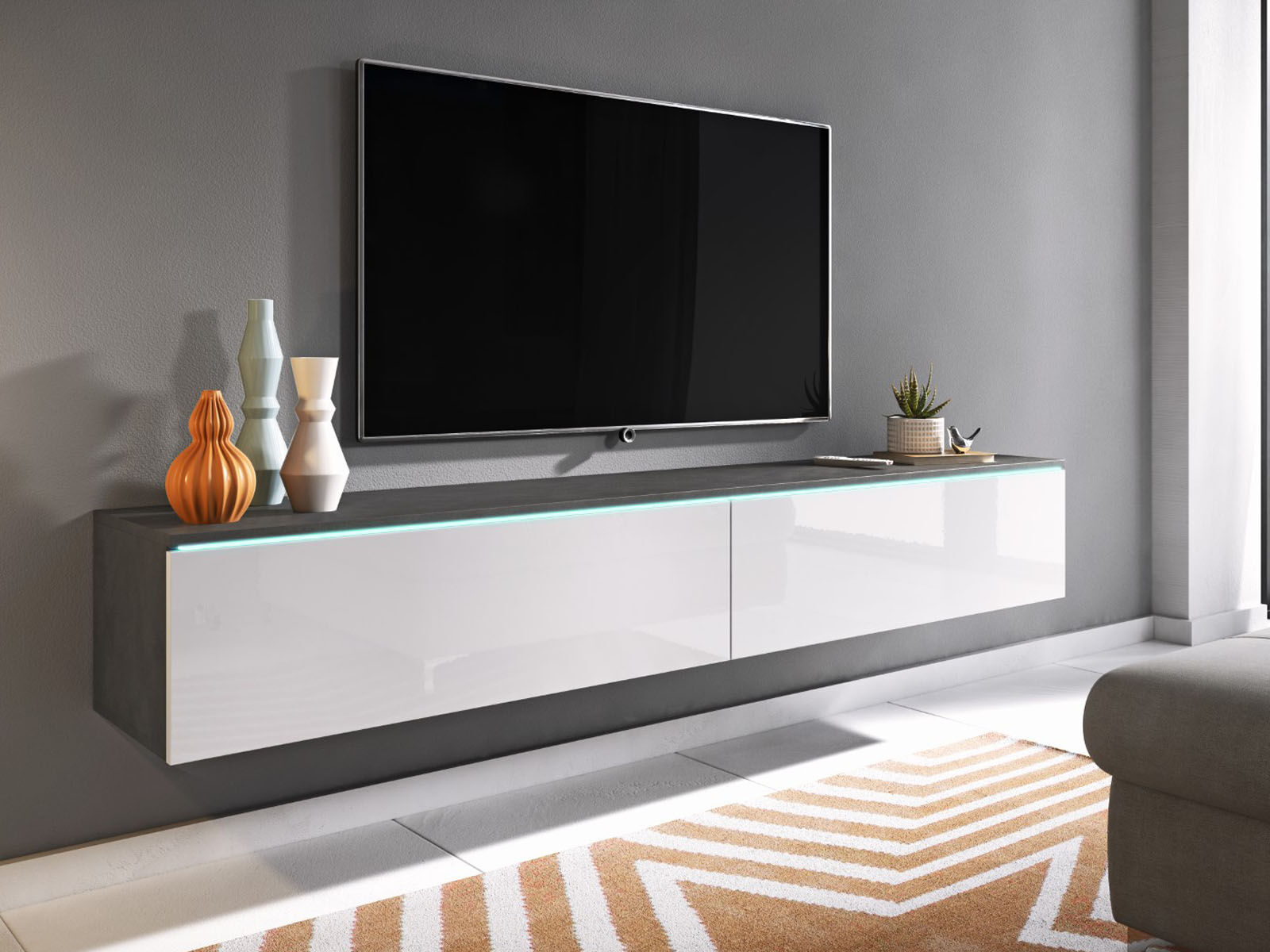 Meuble tv-hifi DUBAI 2 portes battantes 180 cm matera/blanc brillant avec led