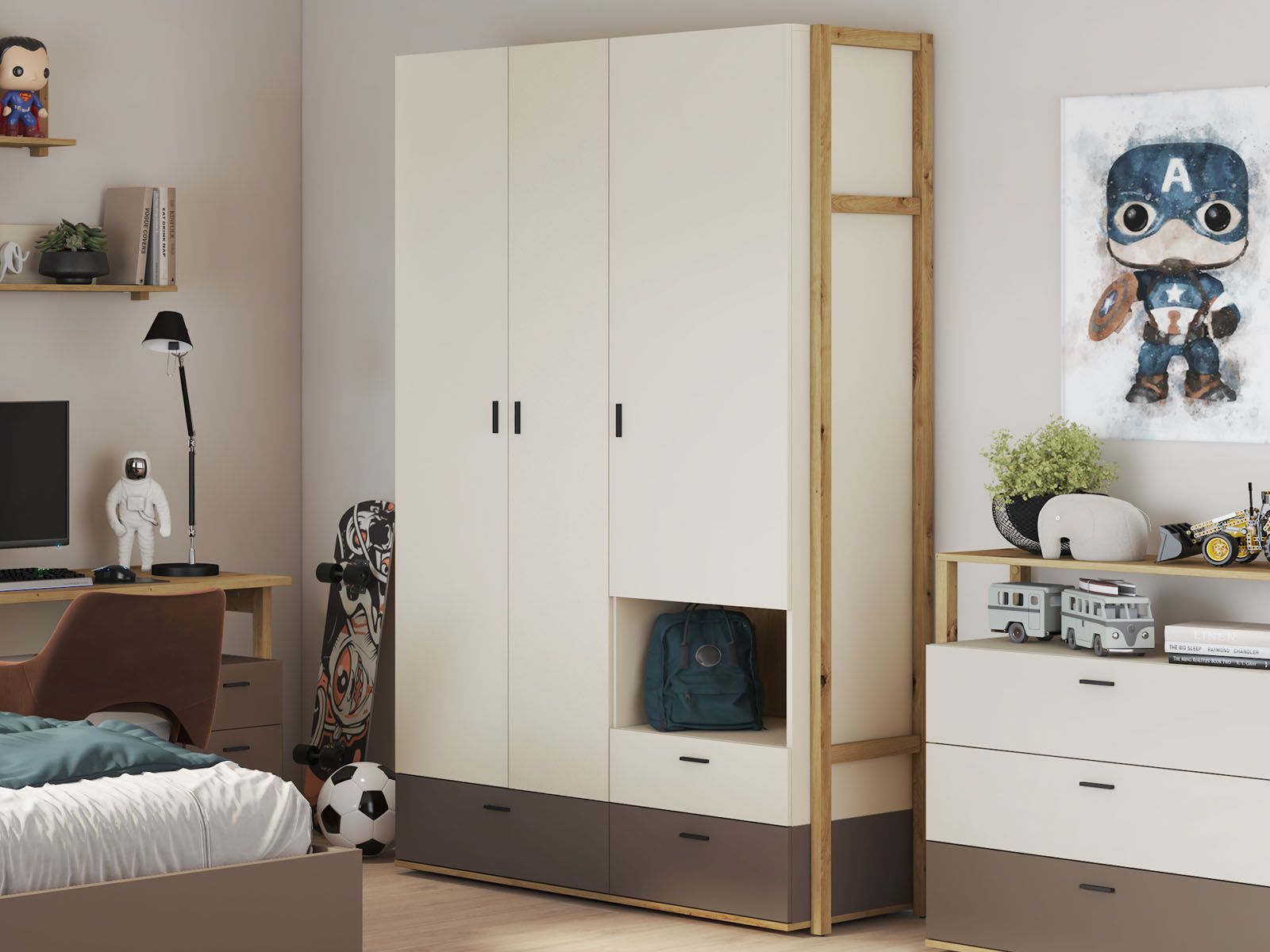 Armoire LENAXO 3 portes 3 tiroirs cachemire