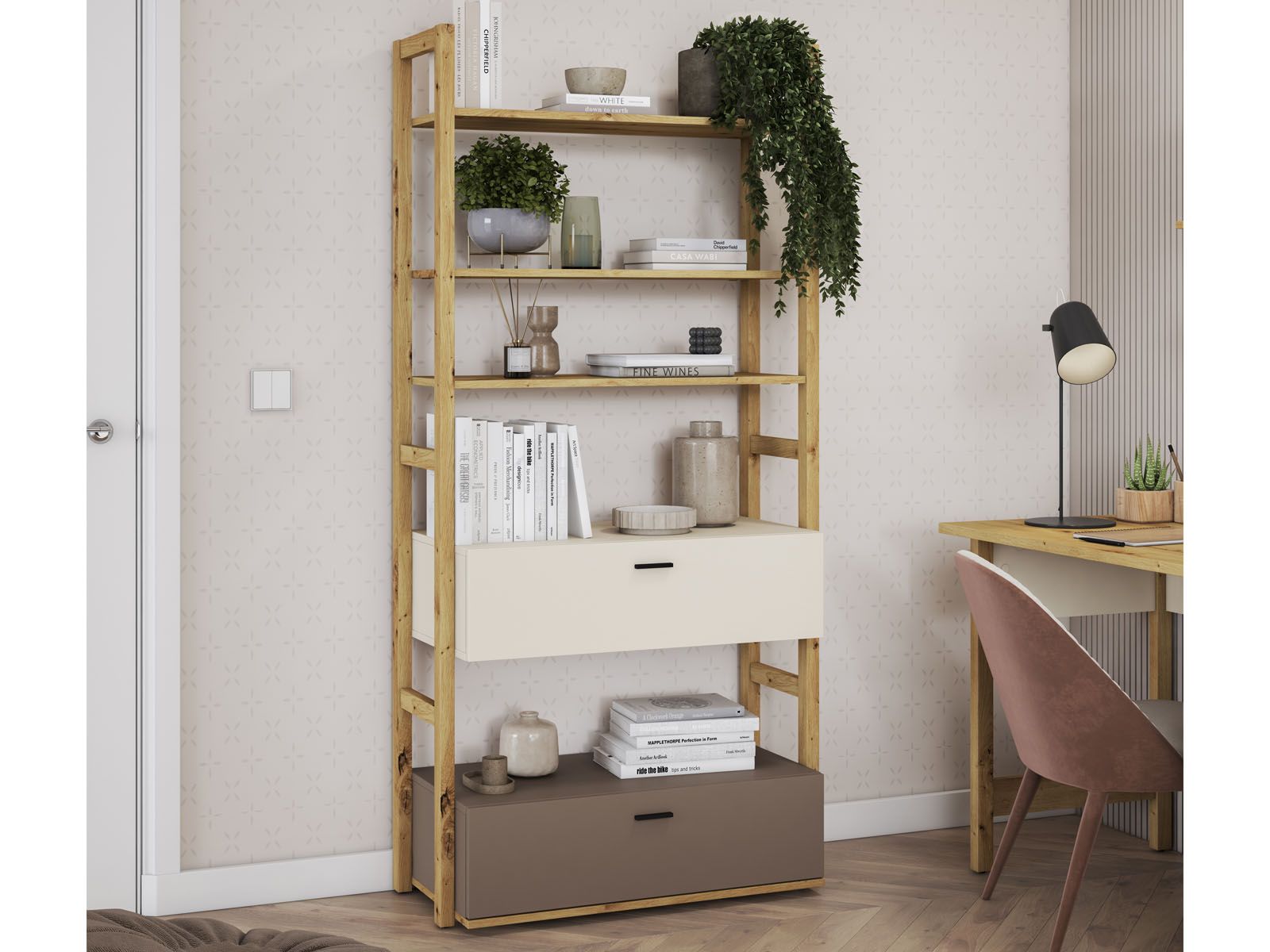 Bibliothèque LENAXO 2 tiroirs cachemire