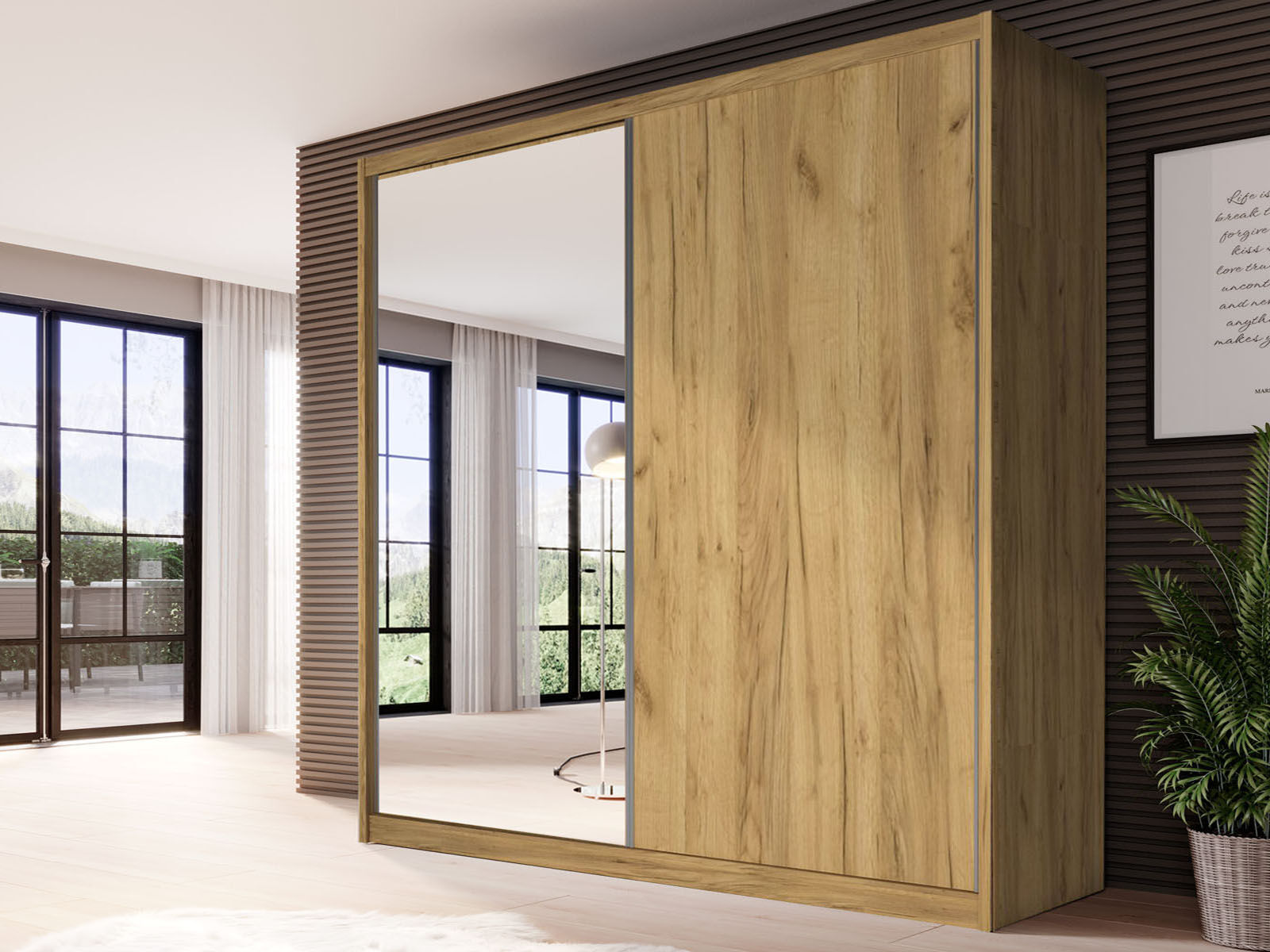 Armoire MACRO 2 portes coulissantes 208 cm chêne doré avec miroir